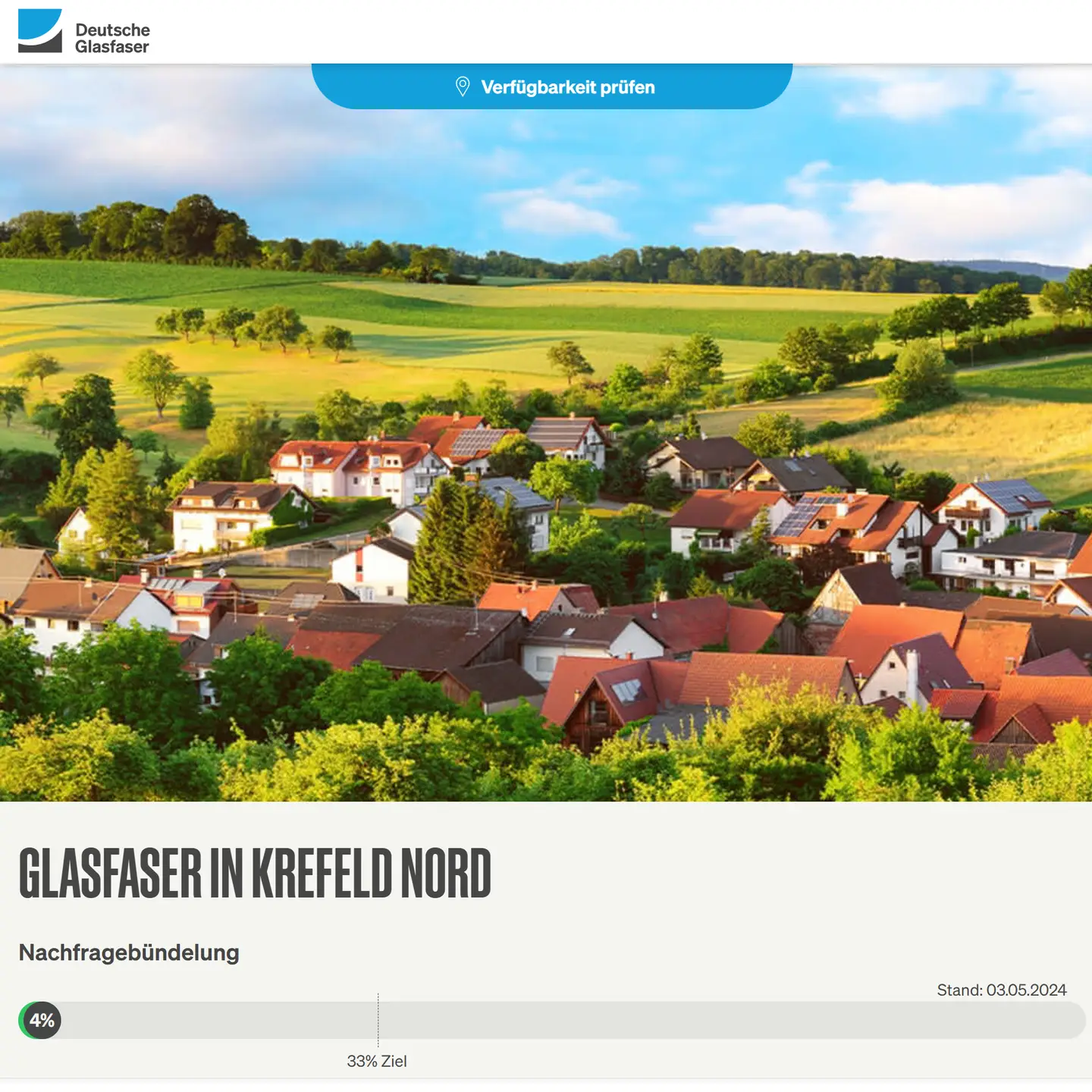 Screenshot von "Deutsche Glasfaser", oben DG Logo, ein Landschaftsbild, Schriftzüge "Glasfaser in Krefeld-Nord", Nachfragebündelung bis 27.7.2024, Anzeige des aktuellen Stand: 4%