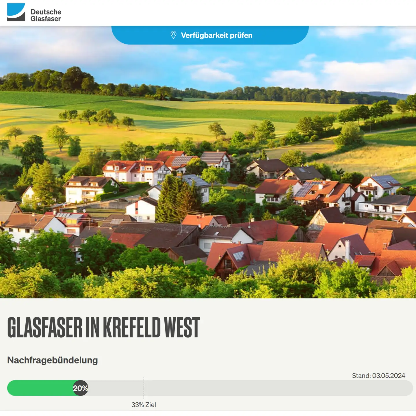 Screenshot von "Deutsche Glasfaser", oben DG Logo, ein Landschaftsbild, Schriftzüge "Glasfaser in Krefeld-West", Nachfragebündelung bis 18.5.2024, Anzeige des aktuellen Stand: Es fehlen noch 160 Anträge 