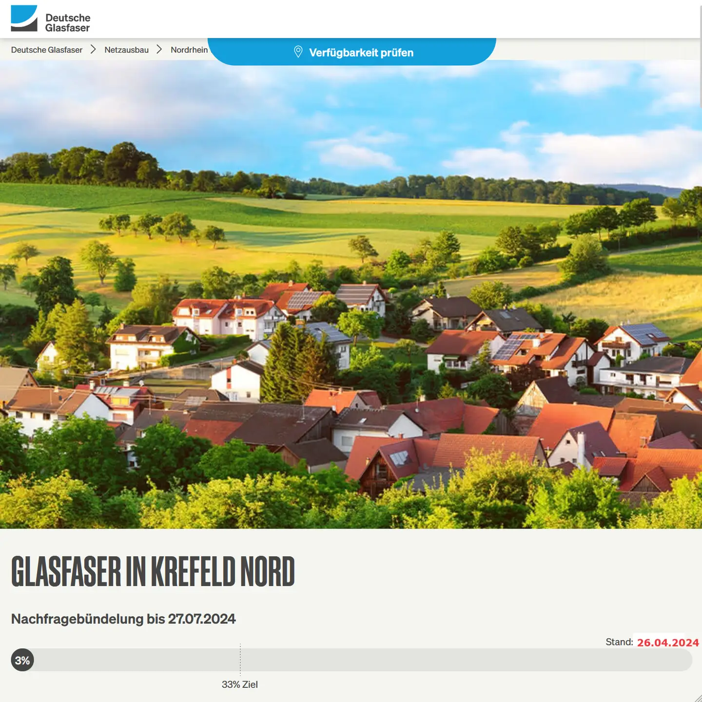 Screenshot von "Deutsche Glasfaser", oben DG Logo, ein Landschaftsbild, Schriftzüge "Glasfaser in Krefeld-Nord", Nachfragebündelung bis 27.7.2024, Anzeige des aktuellen Stand: 3%