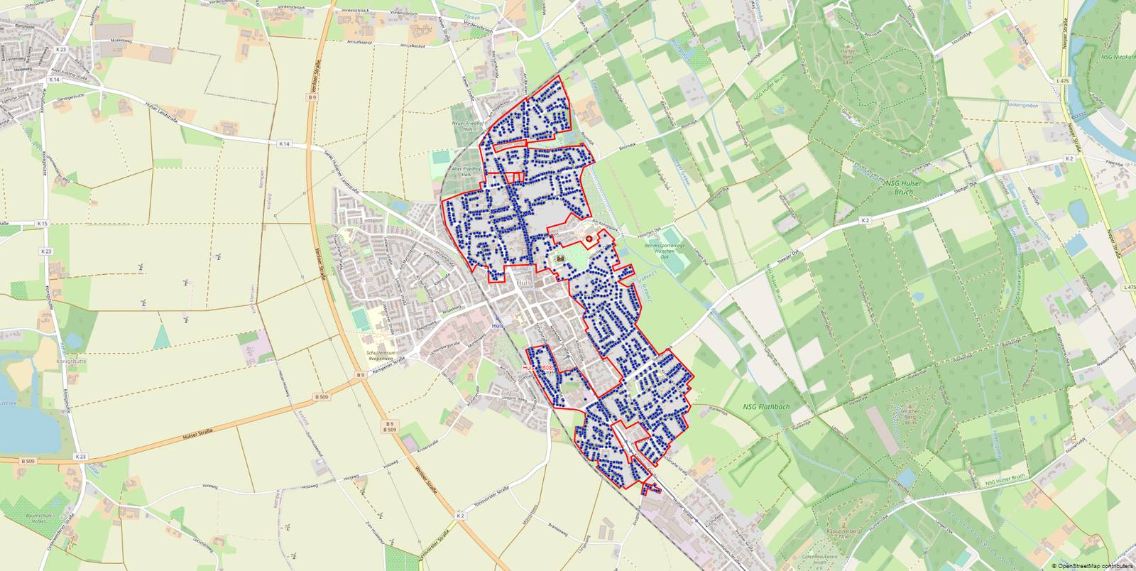 Das Ausbaugebiet in Hüls - der rote Rahmen zeigt in welchem Bereich ausgebaut werden könnte