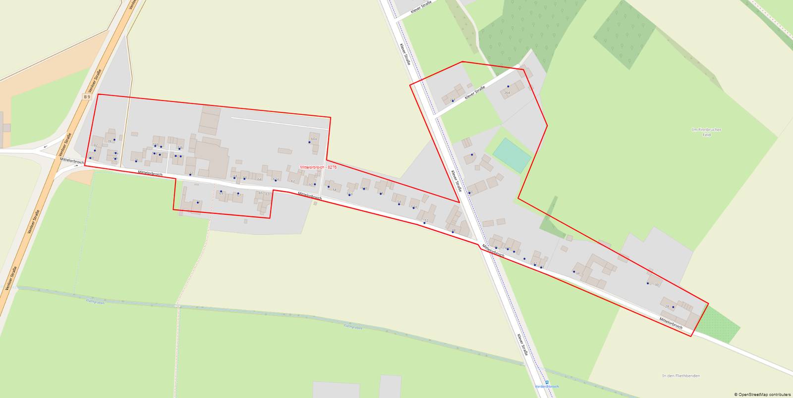 Das Ausbaugebiet in Hüls Mittelorbroich - der rote Rahmen zeigt in welchem Bereich ausgebaut werden könnte