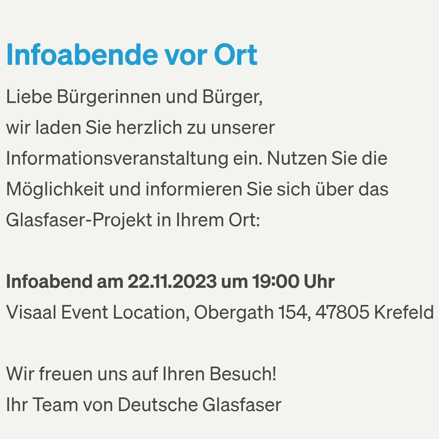 Infobild mit Ort, Datum, Zeit zum Informationsabend von Deutsche Glasfaser für Krefeld-West