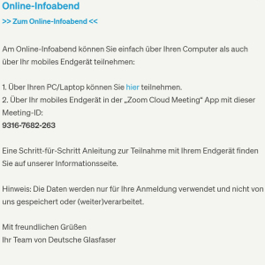 Infobild mit Ort, Datum, Zeit zum Informationsabend von Deutsche Glasfaser für Krefeld-West