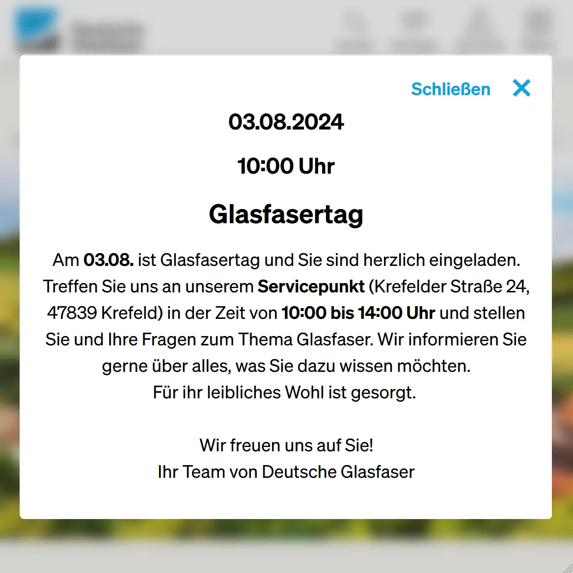 Screenshot der Website Deutsche Glasfaser mit dem PopUp inkl. Infos zum Glasfasertag am 29.6. von 10-14 Uhr