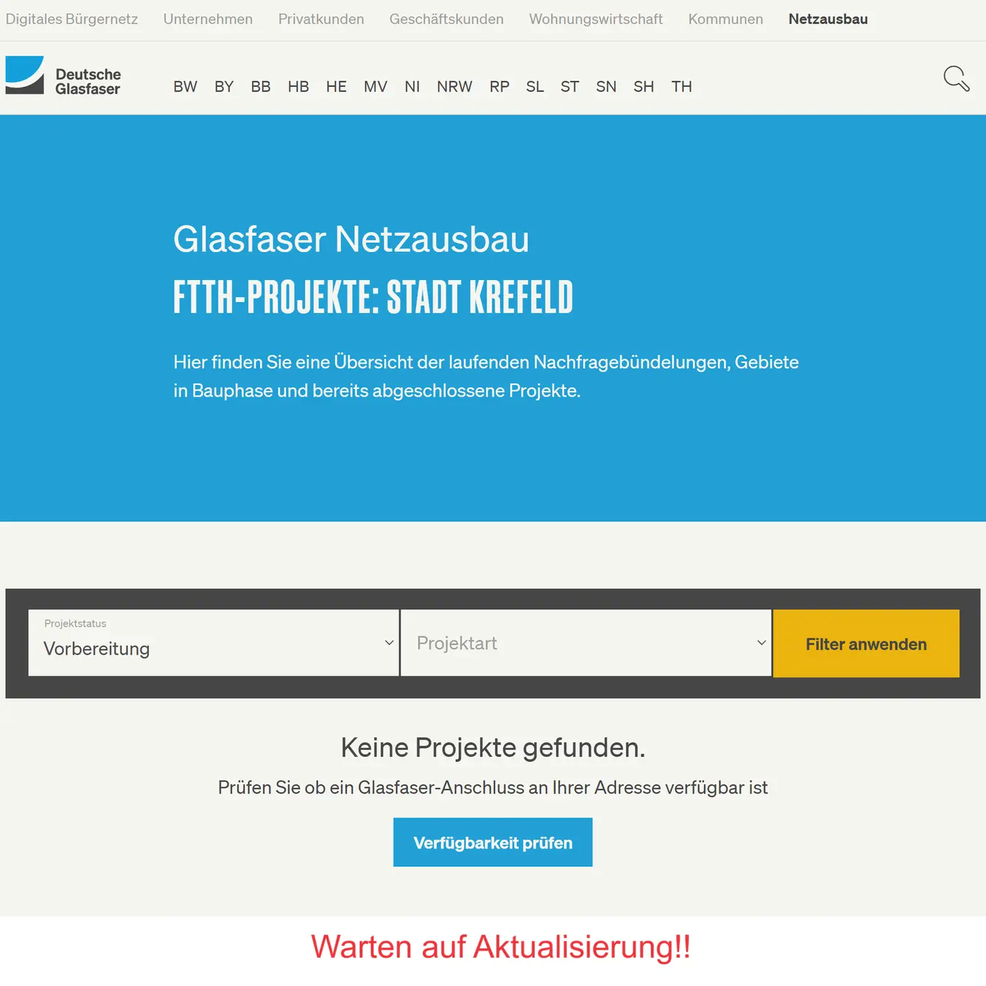 Screenshot der Projektseite Krefeld - Auswahl "In Vorbereitung". Wir warten auf die Aktualisierung