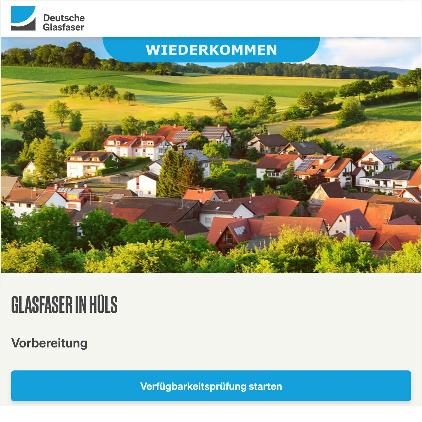 Screenshot von "Deutsche Glasfaser", oben DG Logo, ein Landschaftsbild, Schriftzüge "Glasfaser in Krefeld-Hüls", Vorbereitung des Projekts