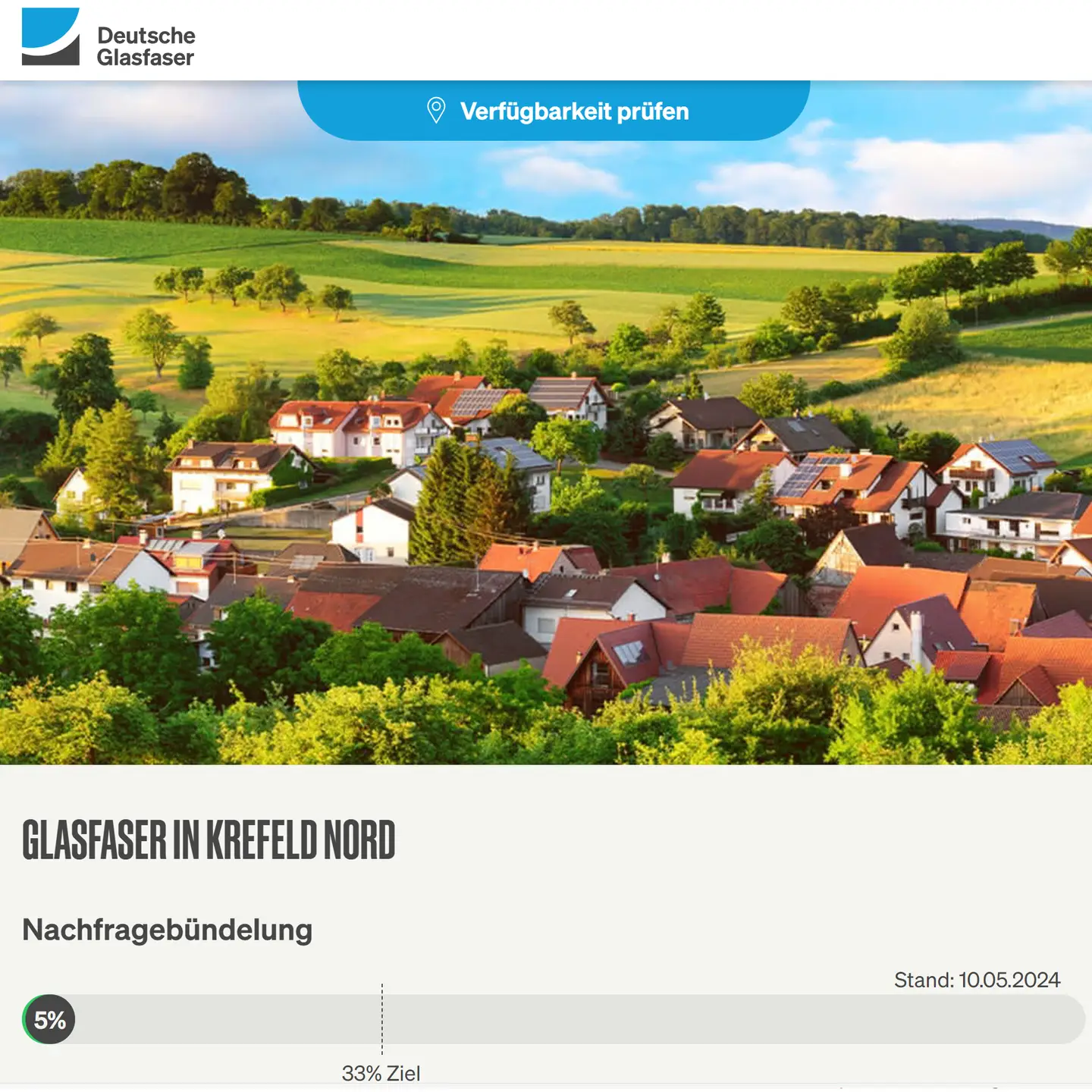 Screenshot von "Deutsche Glasfaser", oben DG Logo, ein Landschaftsbild, Schriftzüge "Glasfaser in Krefeld-Nord", Nachfragebündelung bis 27.7.2024, Anzeige des aktuellen Stand: 4%