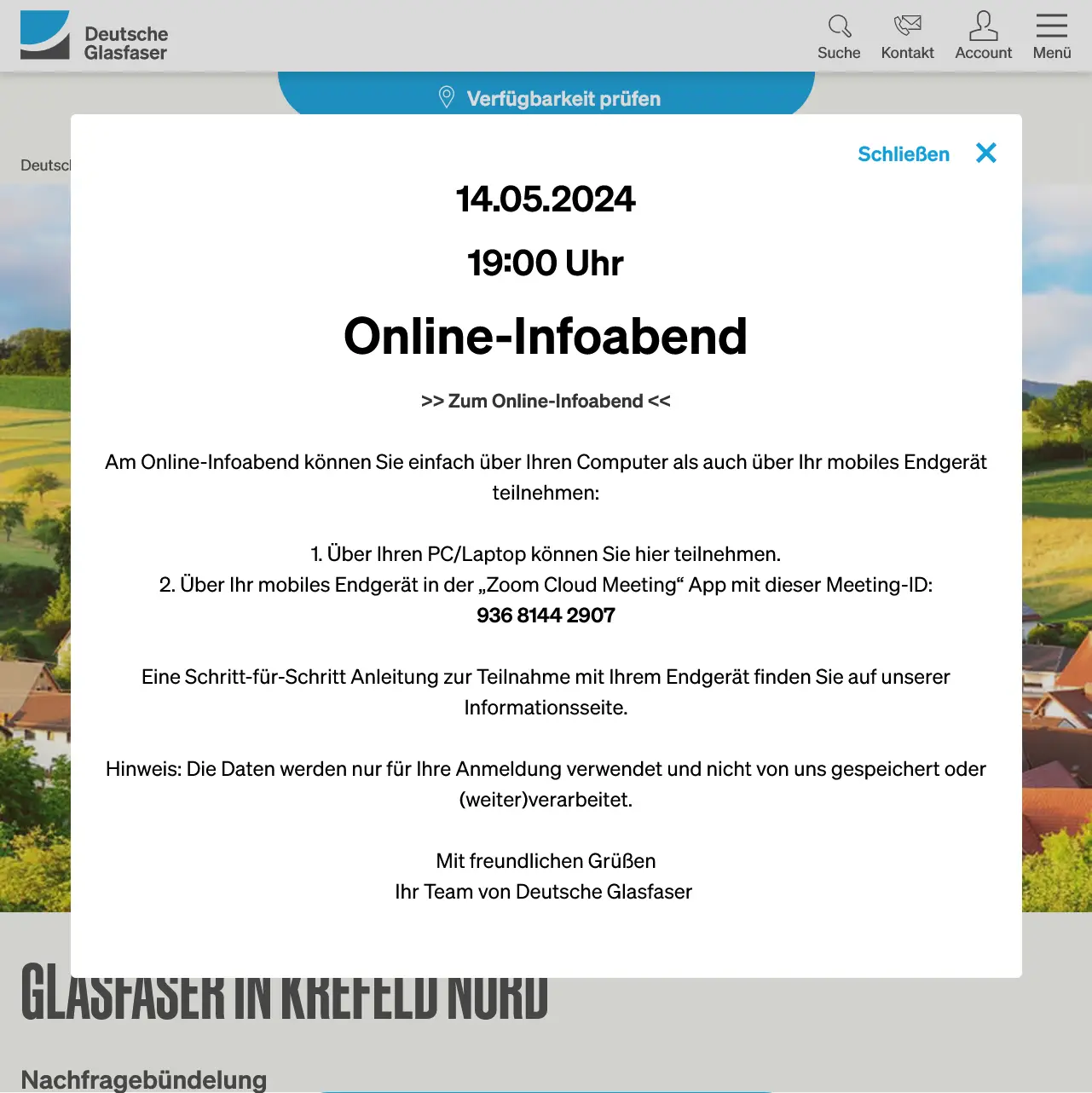 Infobild mit Ort, Datum, Zeit zum Informationsabend von Deutsche Glasfaser für Krefeld-Nord