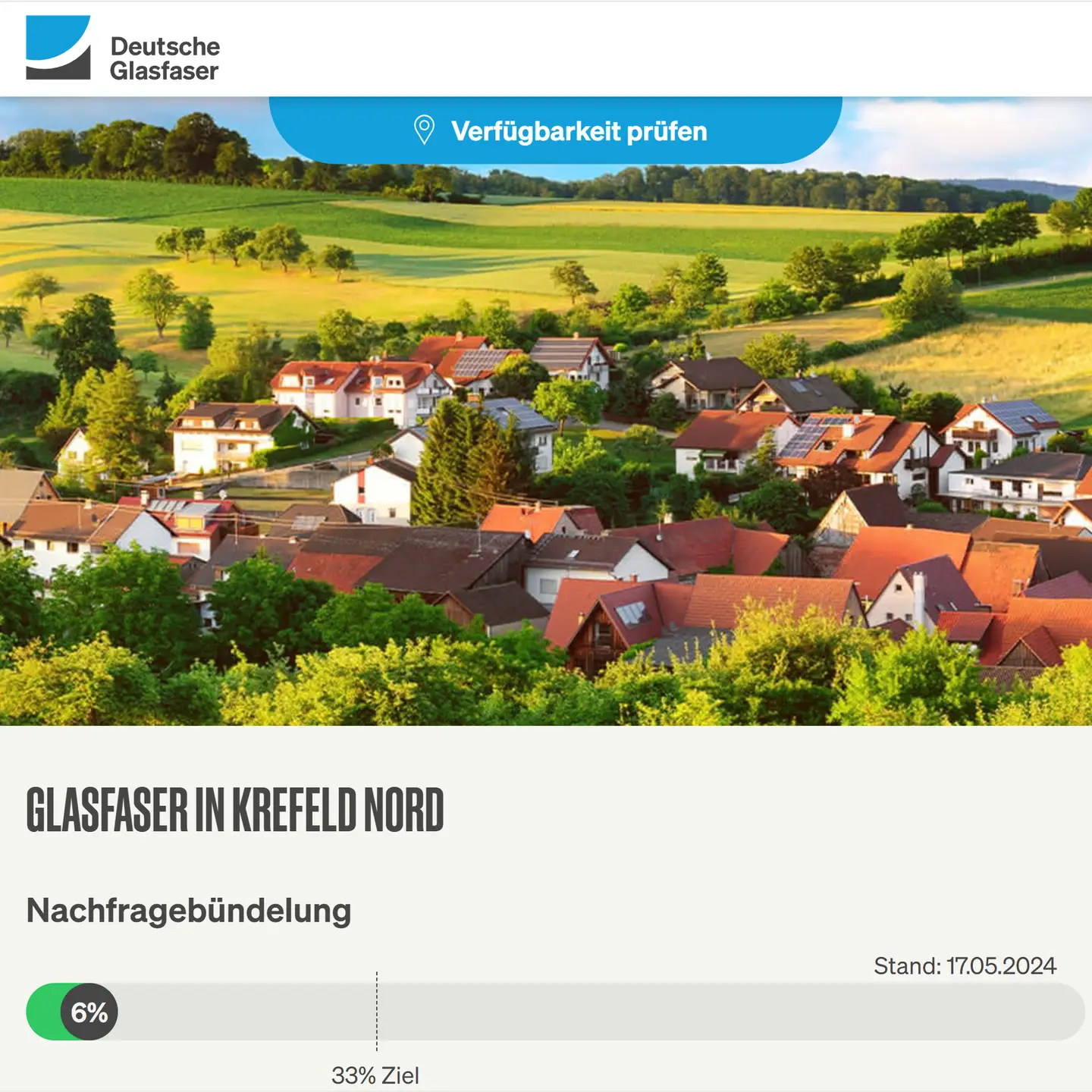 Screenshot von "Deutsche Glasfaser", oben DG Logo, ein Landschaftsbild, Schriftzüge "Glasfaser in Krefeld-Nord", Nachfragebündelung bis 27.7.2024, Anzeige des aktuellen Stand: 6%