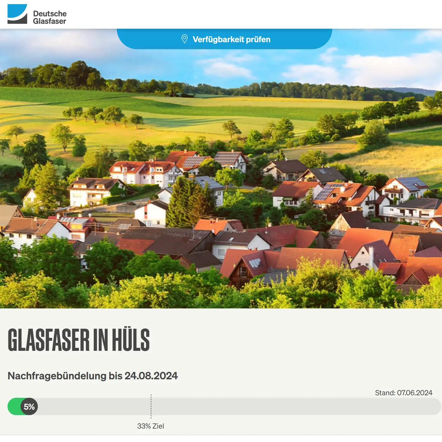 Screenshot von "Deutsche Glasfaser", oben DG Logo, ein Landschaftsbild, Schriftzüge "Glasfaser in Krefeld-Hüls", Nachfragebündelung bis 24.8.2024, Anzeige des aktuellen Stand