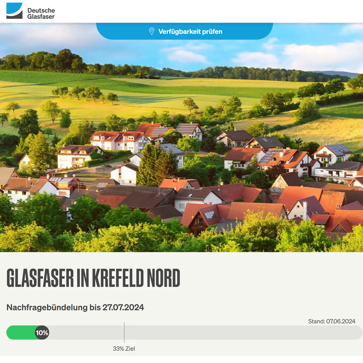 Screenshot von "Deutsche Glasfaser", oben DG Logo, ein Landschaftsbild, Schriftzüge "Glasfaser in Krefeld-Nord", Nachfragebündelung bis 27.7.2024, Anzeige des aktuellen Stand