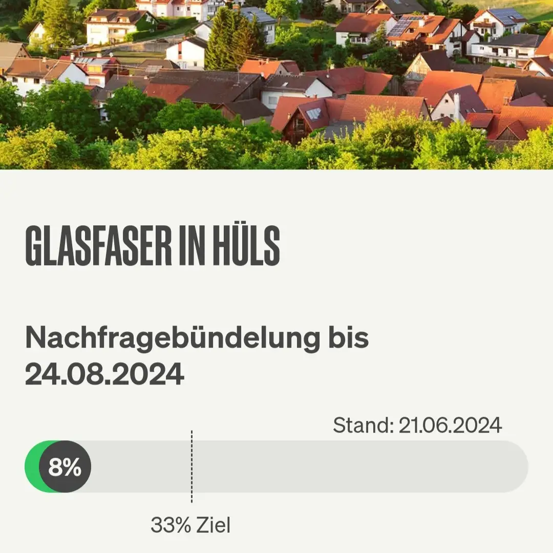 Screenshot von "Deutsche Glasfaser", Landschaftsbild, Schriftzüge "Glasfaser in Krefeld-Hüls", Nachfragebündelung bis 24.8.2024, Anzeige des aktuellen Stand