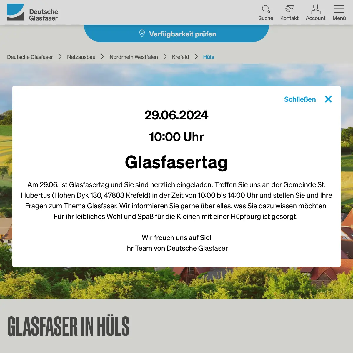 Screenshot der Website Deutsche Glasfaser mit dem PopUp inkl. Infos zum Glasfasertag am 29.6. von 10-14 Uhr