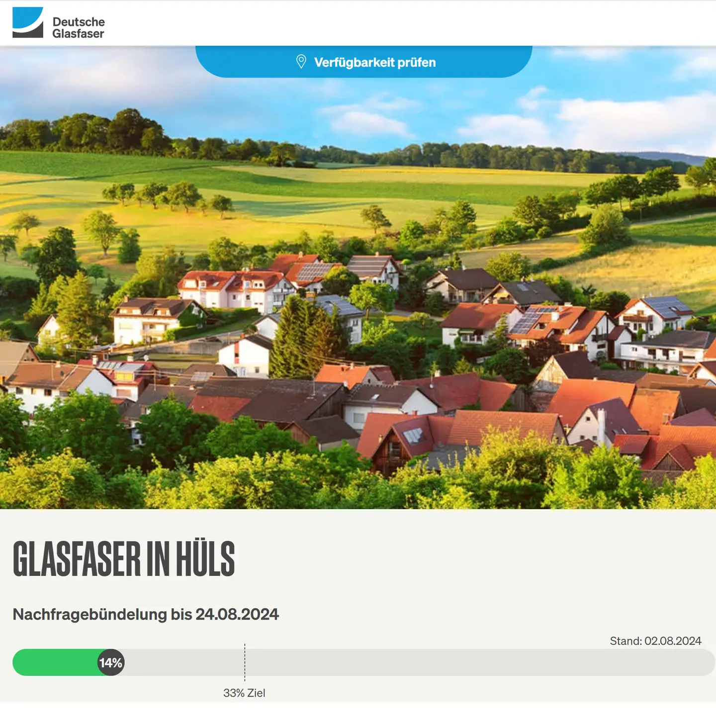 Screenshot von "Deutsche Glasfaser", Landschaftsbild, Schriftzüge "Glasfaser in Krefeld-Hüls", Nachfragebündelung bis 24.8.2024, Anzeige des aktuellen Stand