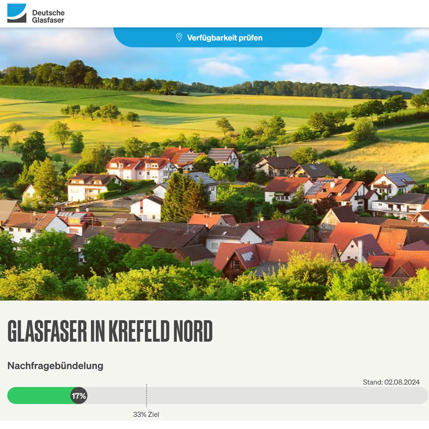 Screenshot von "Deutsche Glasfaser", Landschaftsbild, Schriftzüge "Glasfaser in Krefeld-Nord", Nachfragebündelung bis 27.7.2024, Anzeige des aktuellen Stand