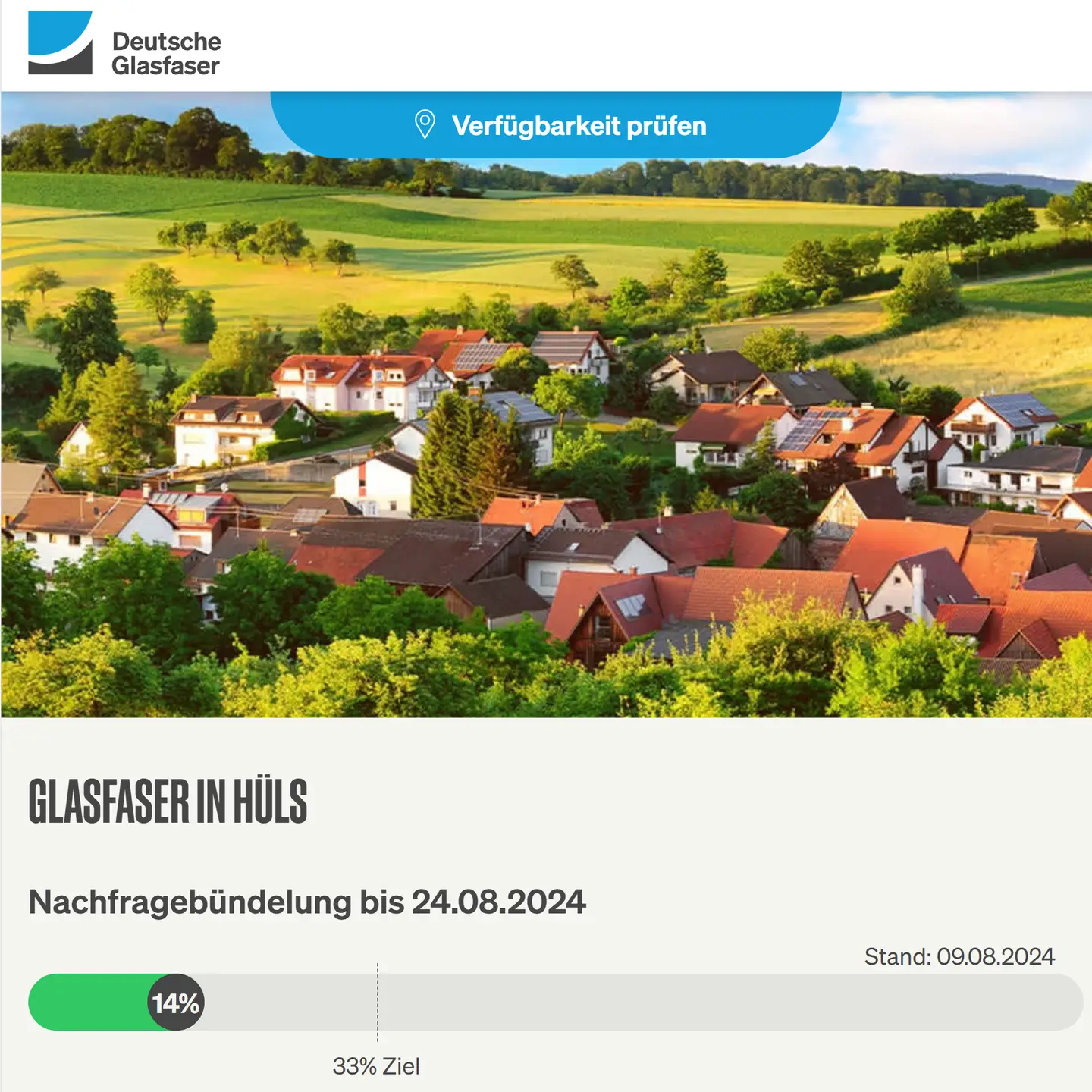 Screenshot von "Deutsche Glasfaser", Landschaftsbild, Schriftzüge "Glasfaser in Krefeld-Hüls", Nachfragebündelung bis 24.8.2024, Anzeige des aktuellen Stand