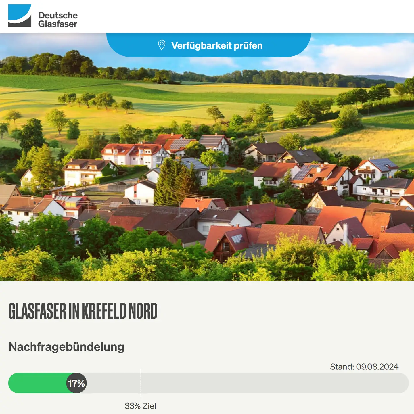 Screenshot von "Deutsche Glasfaser", Landschaftsbild, Schriftzüge "Glasfaser in Krefeld-Nord", Nachfragebündelung bis (ist jetzt OpenEnd), Anzeige des aktuellen Stand