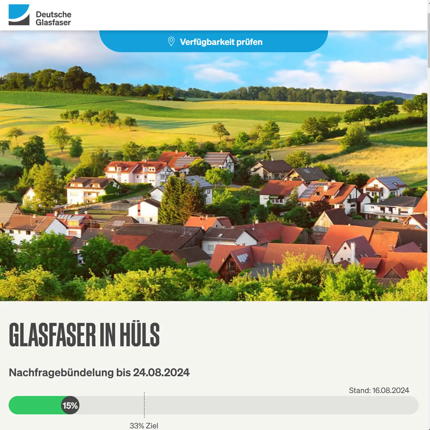 Screenshot von "Deutsche Glasfaser", Landschaftsbild, Schriftzüge "Glasfaser in Krefeld-Hüls", Nachfragebündelung bis 24.8.2024, Anzeige des aktuellen Stand