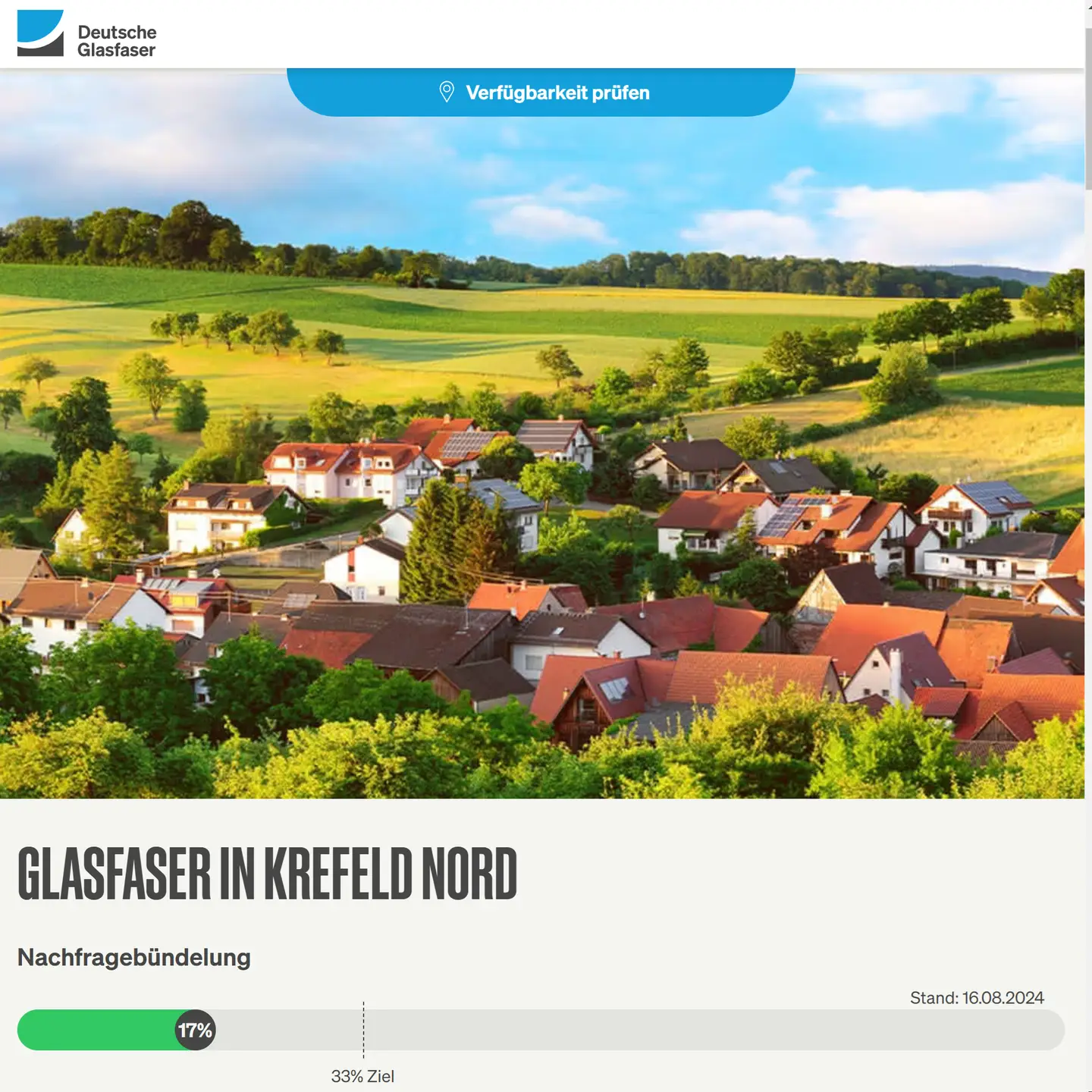 Screenshot von "Deutsche Glasfaser", Landschaftsbild, Schriftzüge "Glasfaser in Krefeld-Nord", Nachfragebündelung bis (ist jetzt OpenEnd), Anzeige des aktuellen Stand