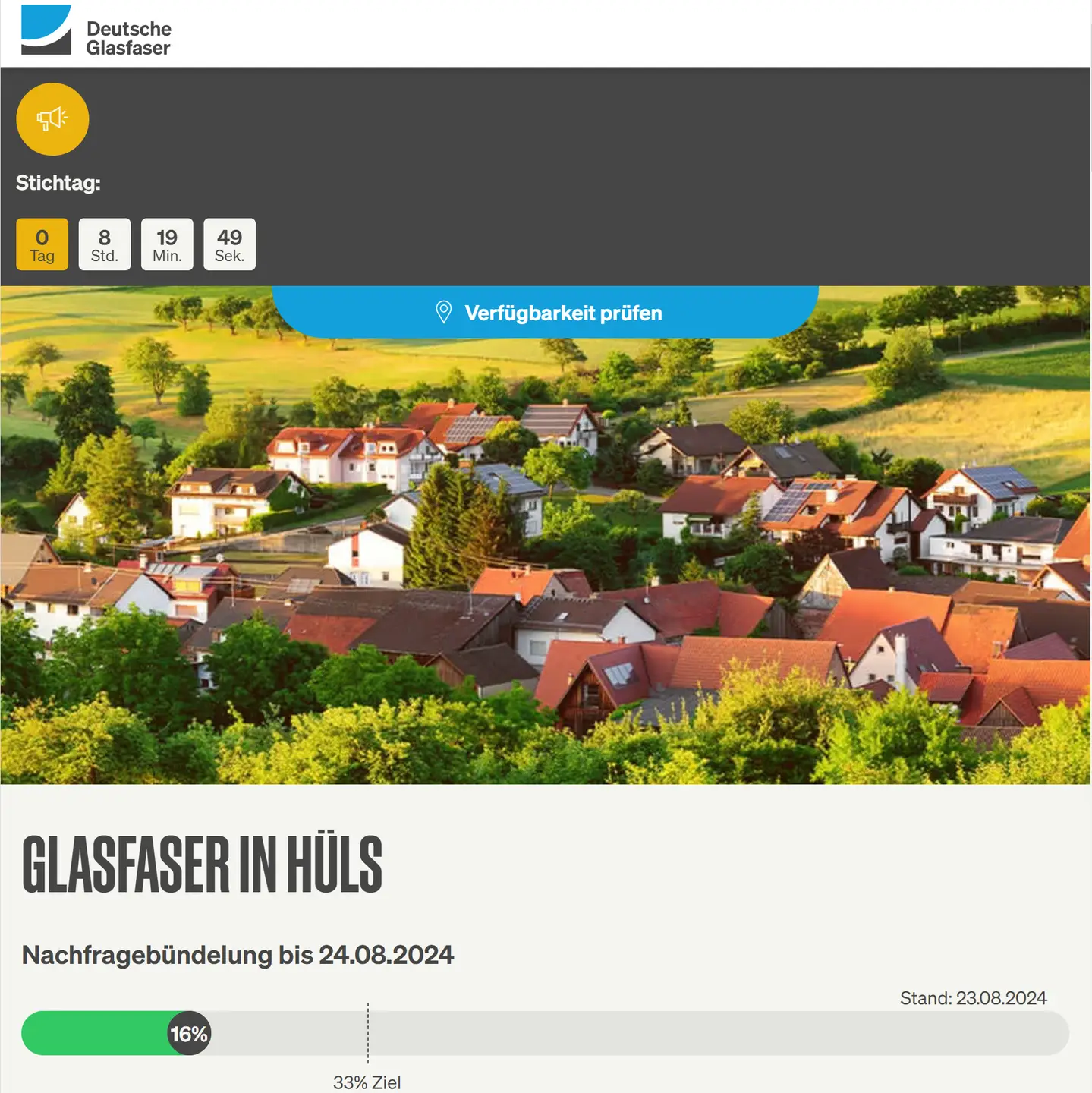 Screenshot von "Deutsche Glasfaser", Landschaftsbild, Schriftzüge "Glasfaser in Krefeld-Hüls", Nachfragebündelung bis 24.8.2024, Anzeige des aktuellen Stand