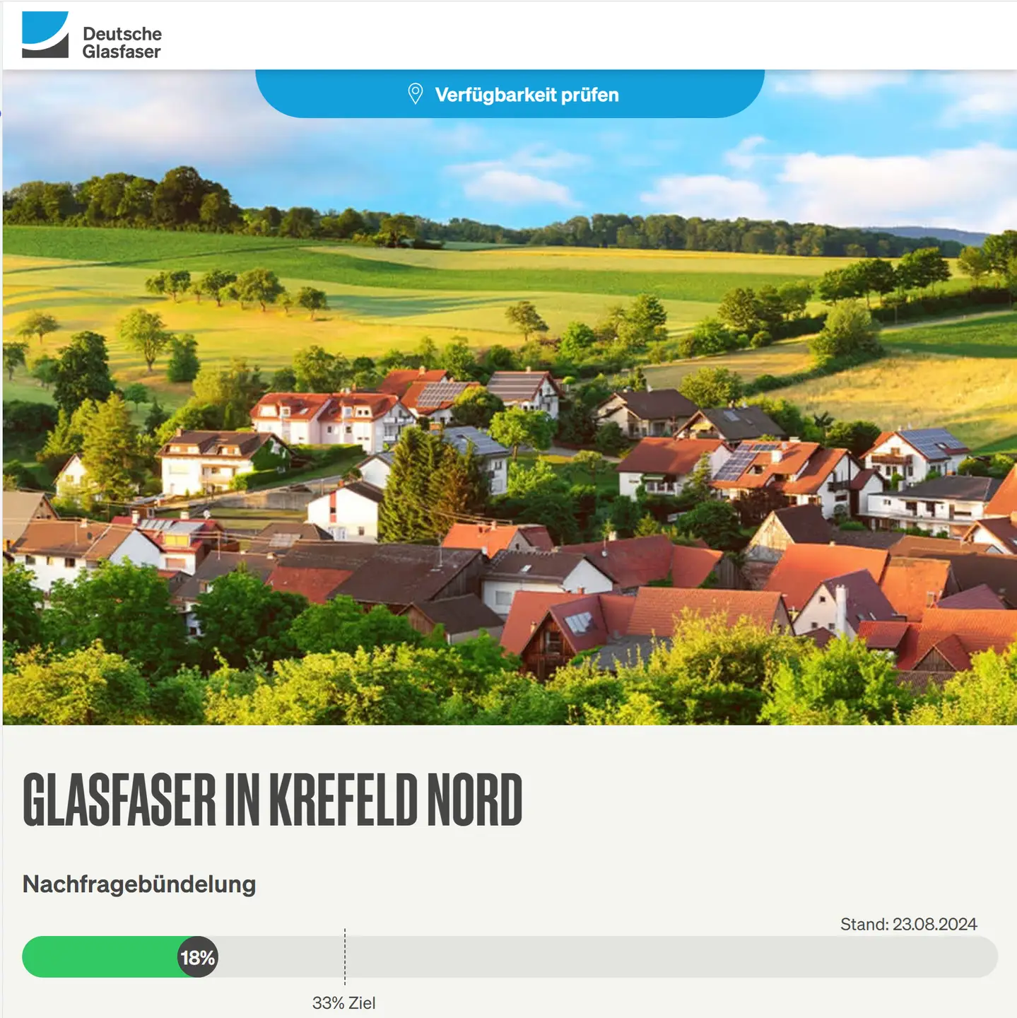 Screenshot von "Deutsche Glasfaser", Landschaftsbild, Schriftzüge "Glasfaser in Krefeld-Nord", Nachfragebündelung bis (ist jetzt OpenEnd), Anzeige des aktuellen Stand