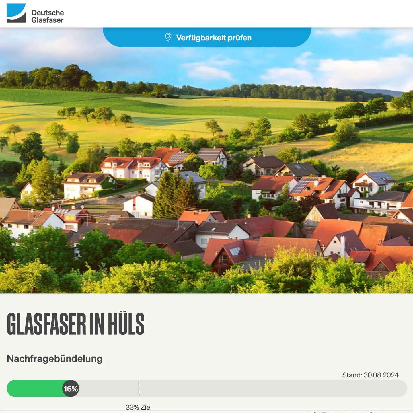 Screenshot von "Deutsche Glasfaser", Landschaftsbild, Schriftzüge "Glasfaser in Krefeld-Hüls", Nachfragebündelung bis 24.8.2024, Anzeige des aktuellen Stand