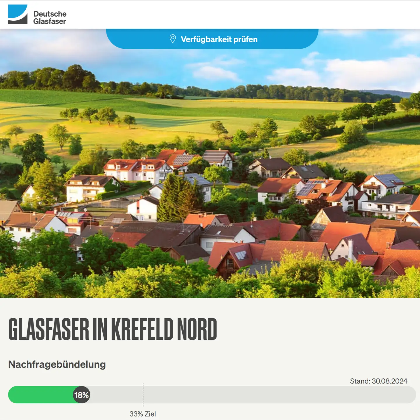 Screenshot von "Deutsche Glasfaser", Landschaftsbild, Schriftzüge "Glasfaser in Krefeld-Nord", Nachfragebündelung bis (ist jetzt OpenEnd), Anzeige des aktuellen Stand