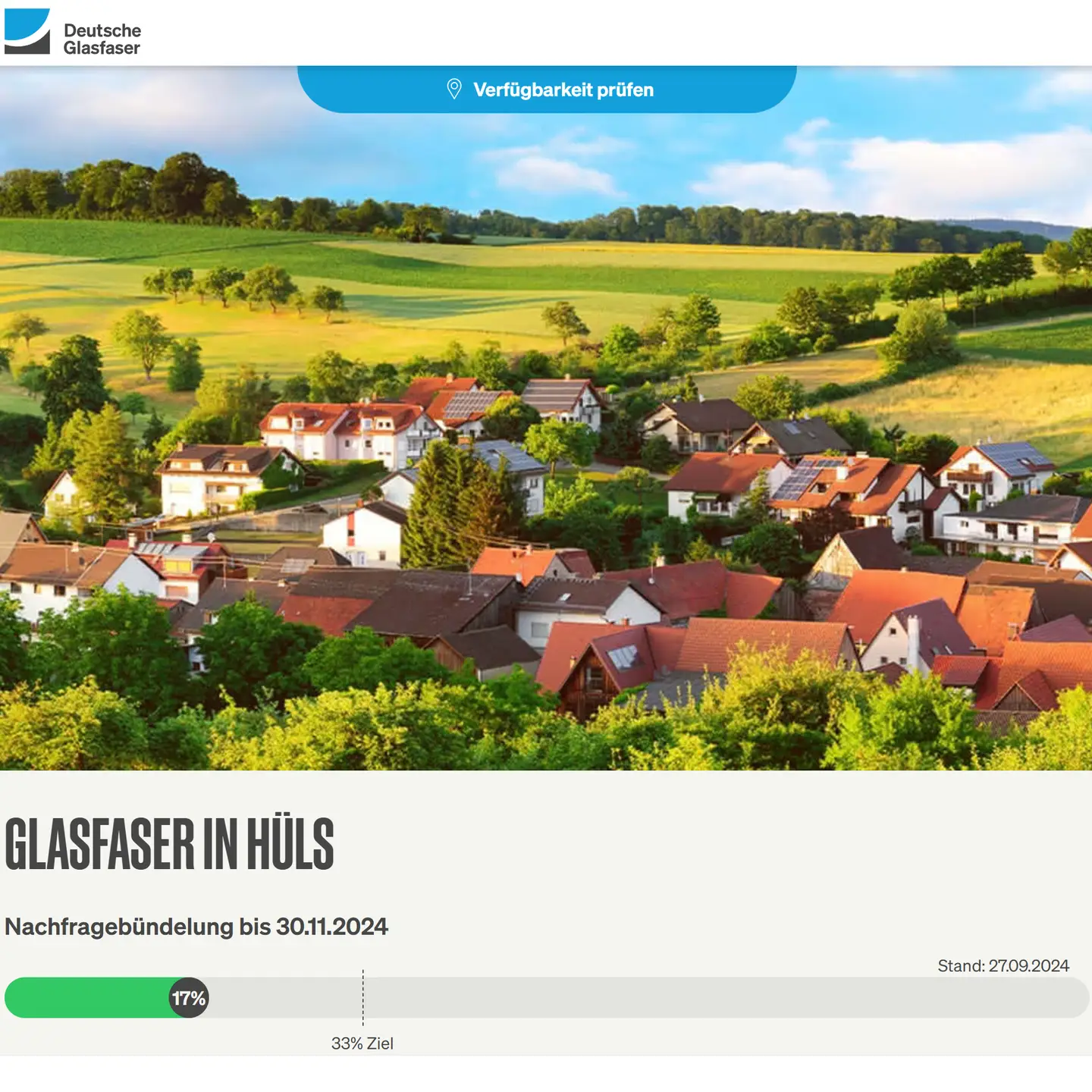 Screenshot von "Deutsche Glasfaser", Landschaftsbild, Schriftzüge "Glasfaser in Krefeld-Hüls", Nachfragebündelung bis 24.8.2024, Anzeige des aktuellen Stand