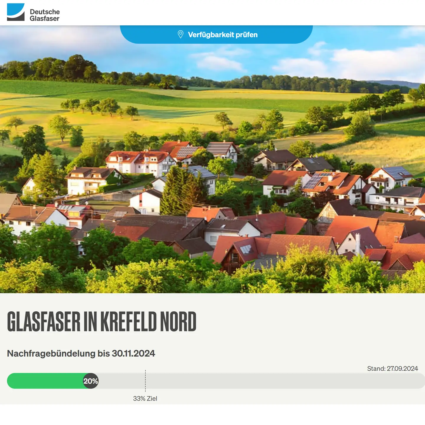 Screenshot von "Deutsche Glasfaser", Landschaftsbild, Schriftzüge "Glasfaser in Krefeld-Nord", Nachfragebündelung bis (ist jetzt OpenEnd), Anzeige des aktuellen Stand