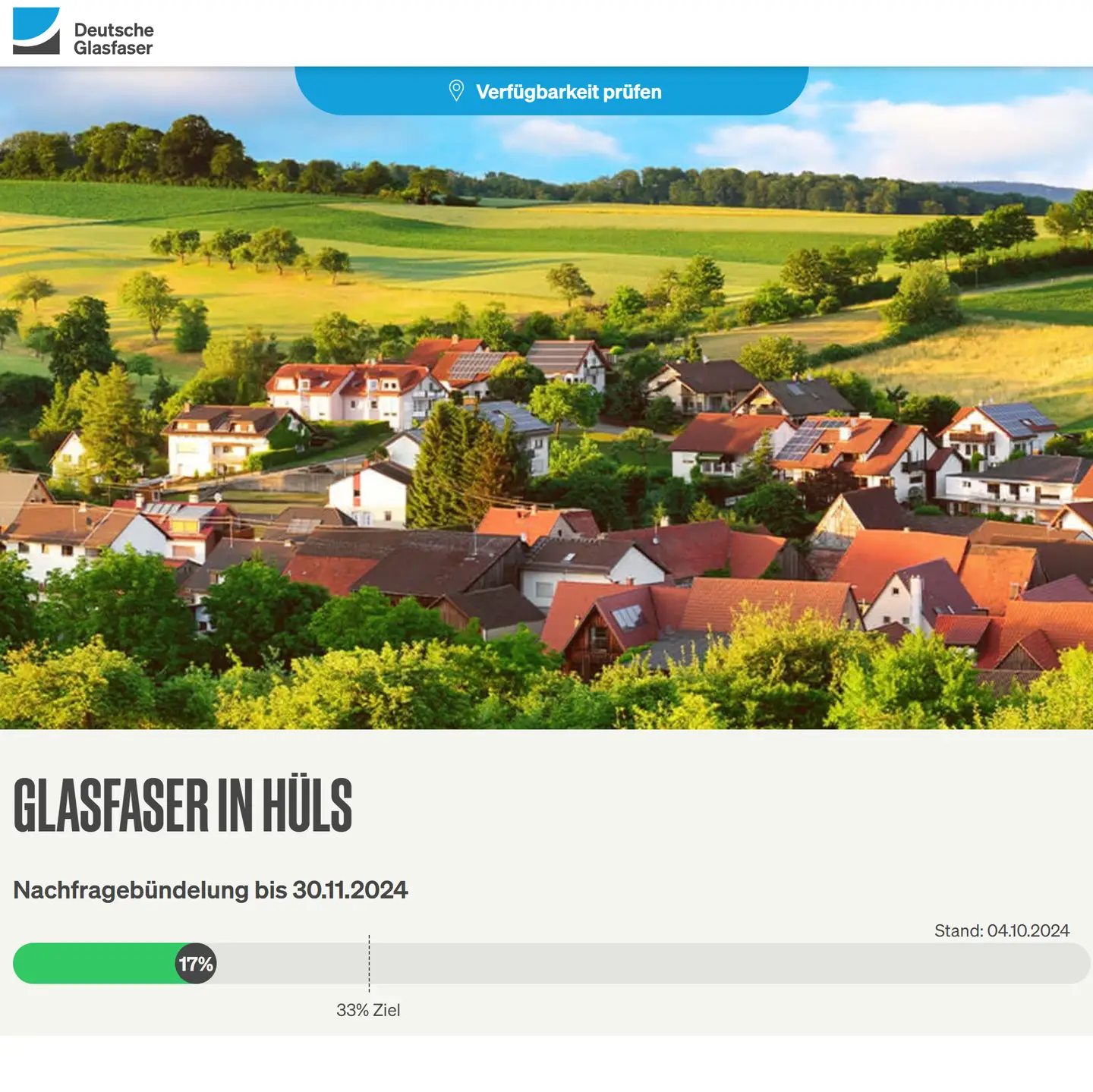 Screenshot von "Deutsche Glasfaser", Landschaftsbild, Schriftzüge "Glasfaser in Krefeld-Hüls", Nachfragebündelung bis 24.8.2024, Anzeige des aktuellen Stand