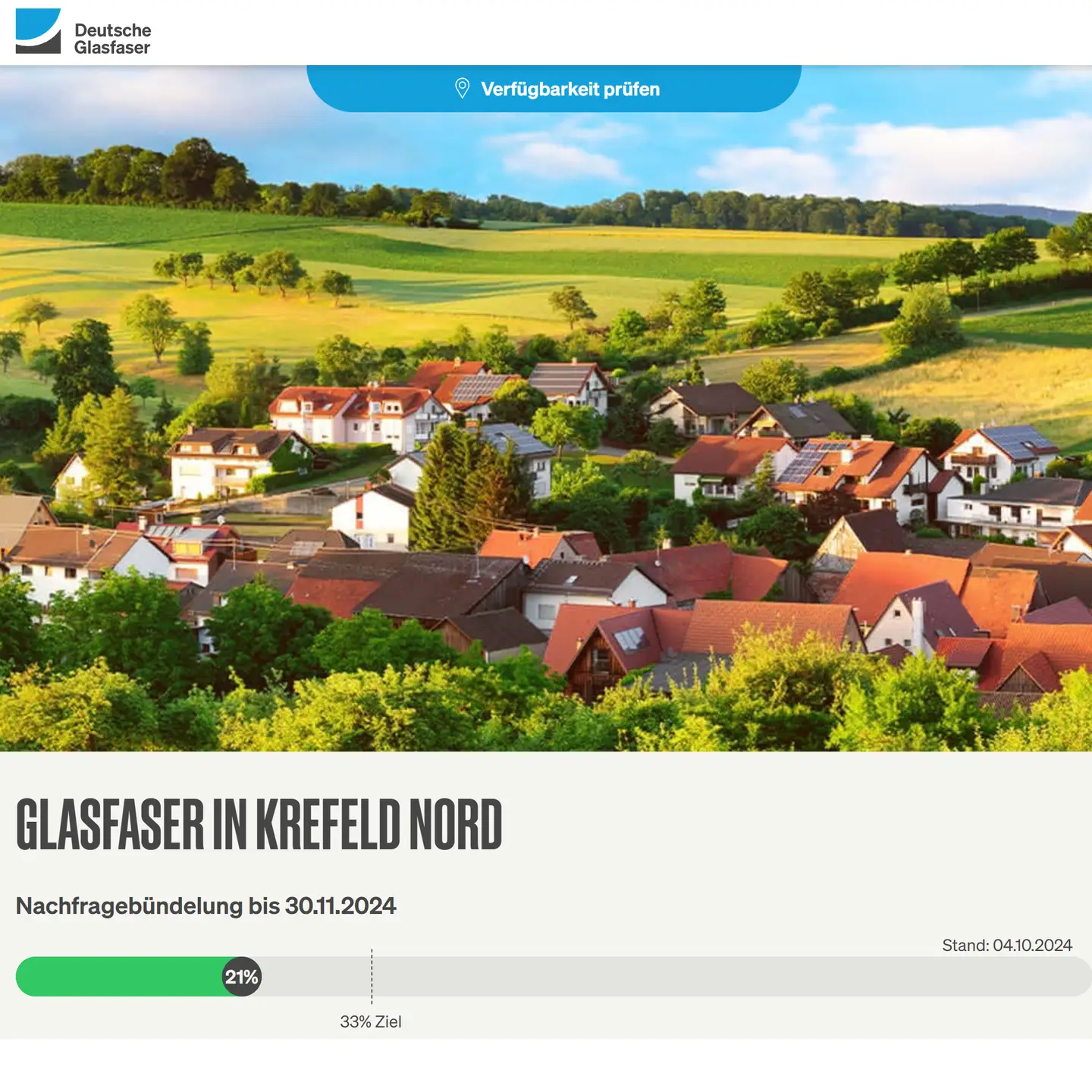 Screenshot von "Deutsche Glasfaser", Landschaftsbild, Schriftzüge "Glasfaser in Krefeld-Nord", Nachfragebündelung bis (ist jetzt OpenEnd), Anzeige des aktuellen Stand