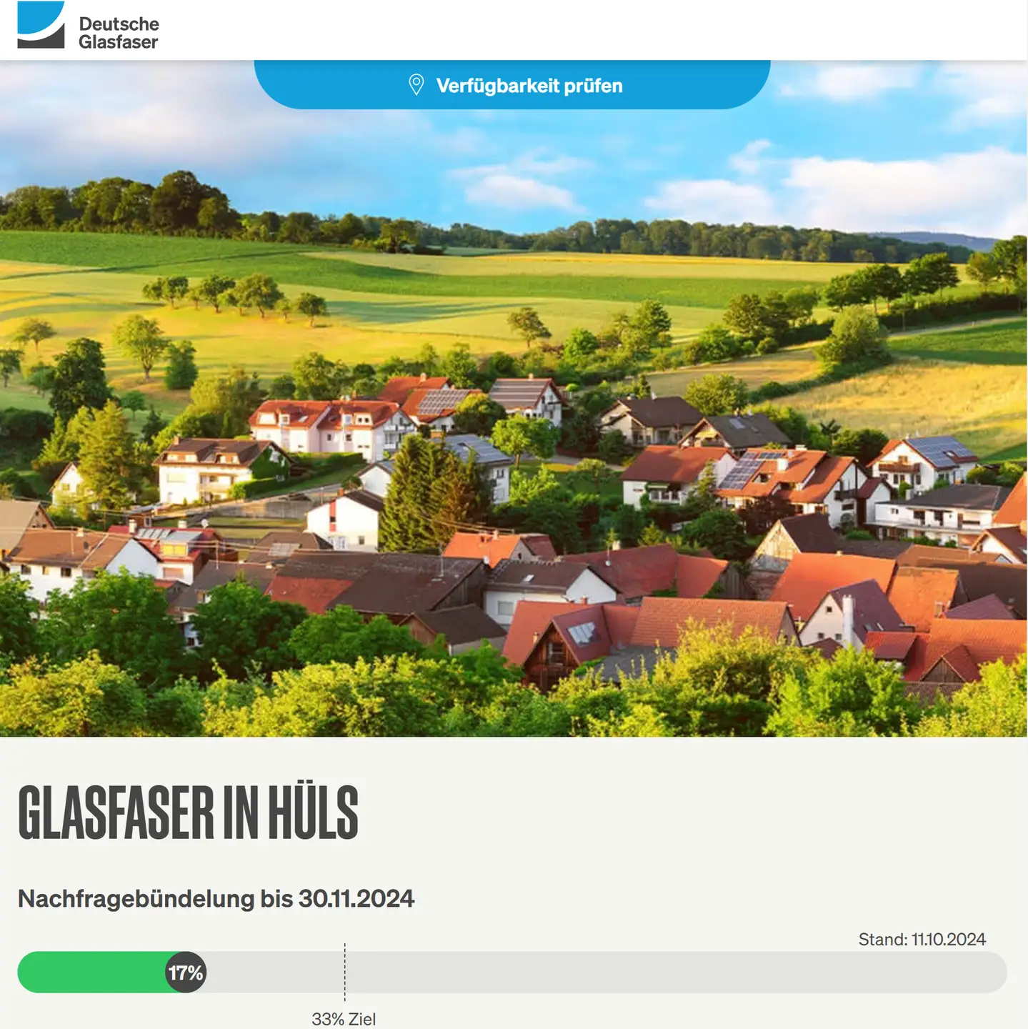 Screenshot von "Deutsche Glasfaser", Landschaftsbild, Schriftzüge "Glasfaser in Krefeld-Hüls", Nachfragebündelung bis 24.8.2024, Anzeige des aktuellen Stand