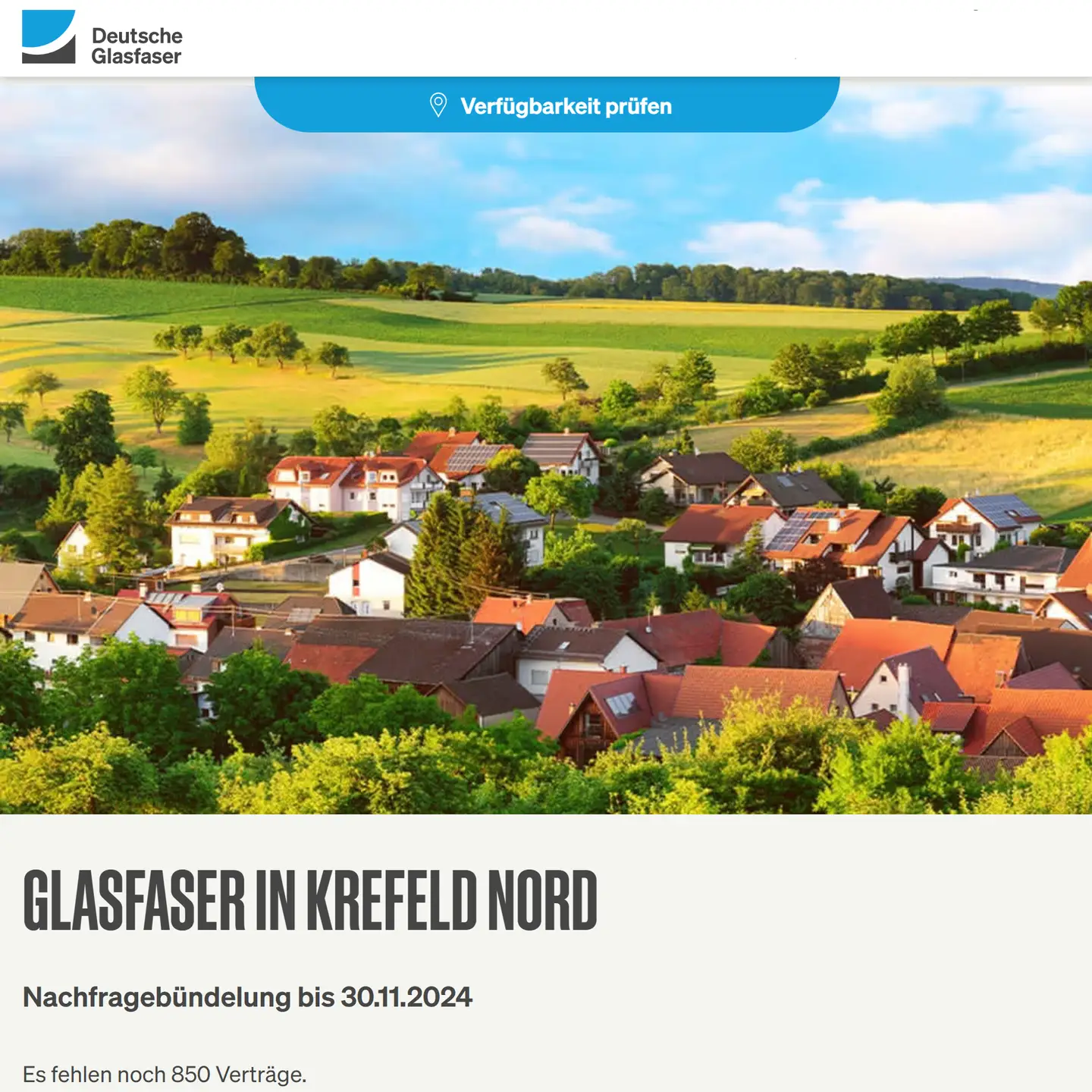 Screenshot von "Deutsche Glasfaser", Landschaftsbild, Schriftzüge "Glasfaser in Krefeld-Nord", Nachfragebündelung bis 30.11.2024, Anzeige des aktuellen Stand