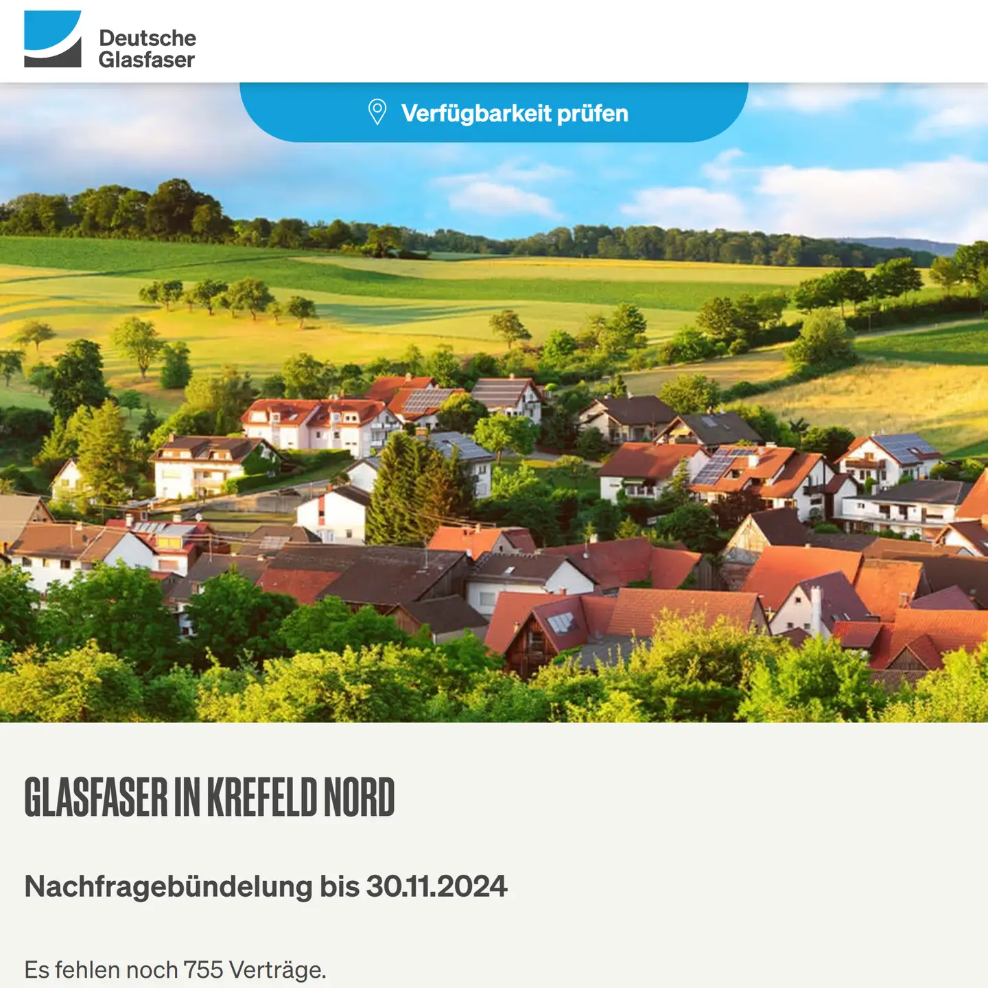 Screenshot von "Deutsche Glasfaser", Landschaftsbild, Schriftzüge "Glasfaser in Krefeld-Nord", Nachfragebündelung bis 30.11.2024, Anzeige des aktuellen Stand