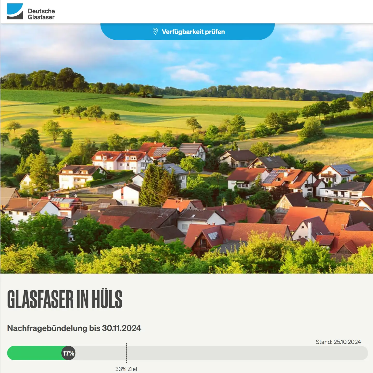 Screenshot von "Deutsche Glasfaser", Landschaftsbild, Schriftzüge "Glasfaser in Krefeld-Hüls", Nachfragebündelung bis 24.8.2024, Anzeige des aktuellen Stand