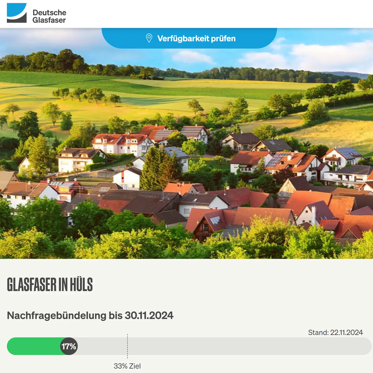 Screenshot von "Deutsche Glasfaser", Landschaftsbild, Schriftzüge "Glasfaser in Krefeld-Hüls", Nachfragebündelung bis 24.8.2024, Anzeige des aktuellen Stand