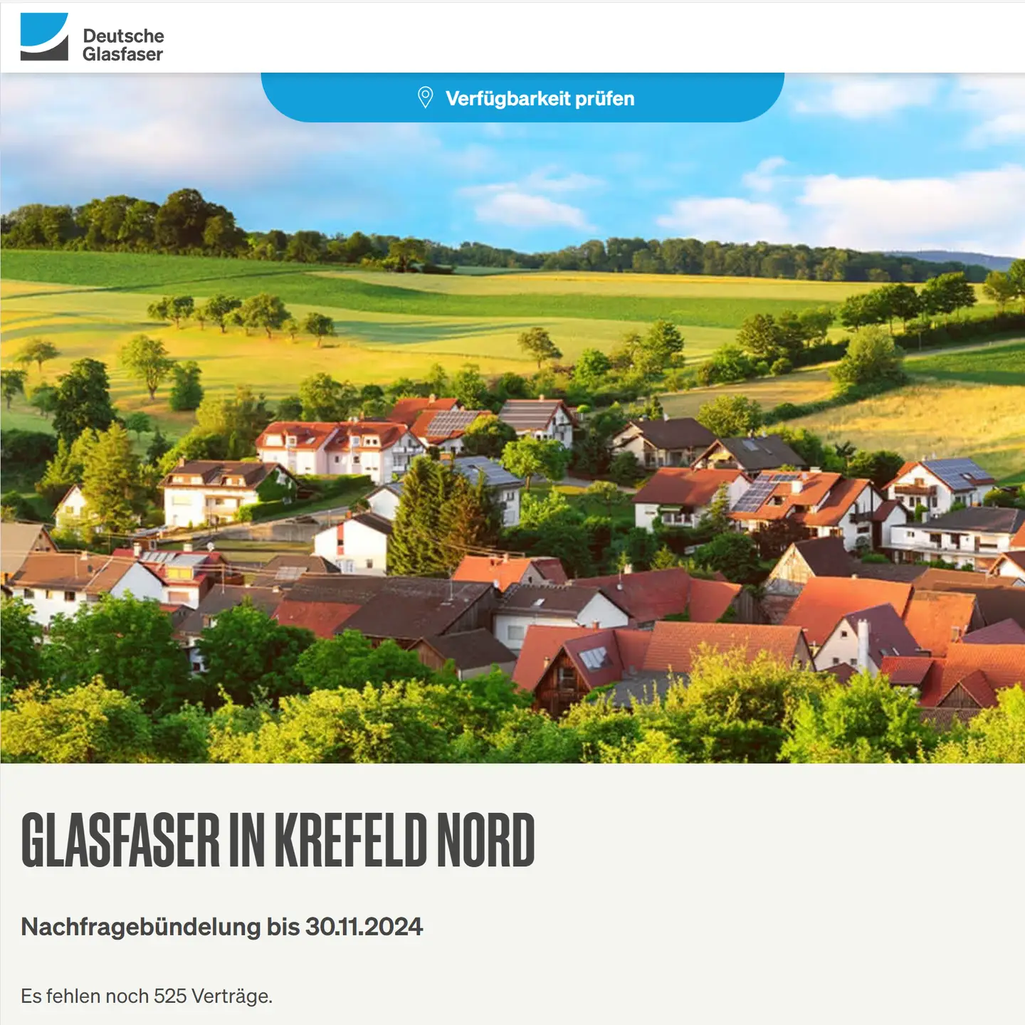 Screenshot von "Deutsche Glasfaser", Landschaftsbild, Schriftzüge "Glasfaser in Krefeld-Nord", Nachfragebündelung bis 30.11.2024, Anzeige des aktuellen Stand