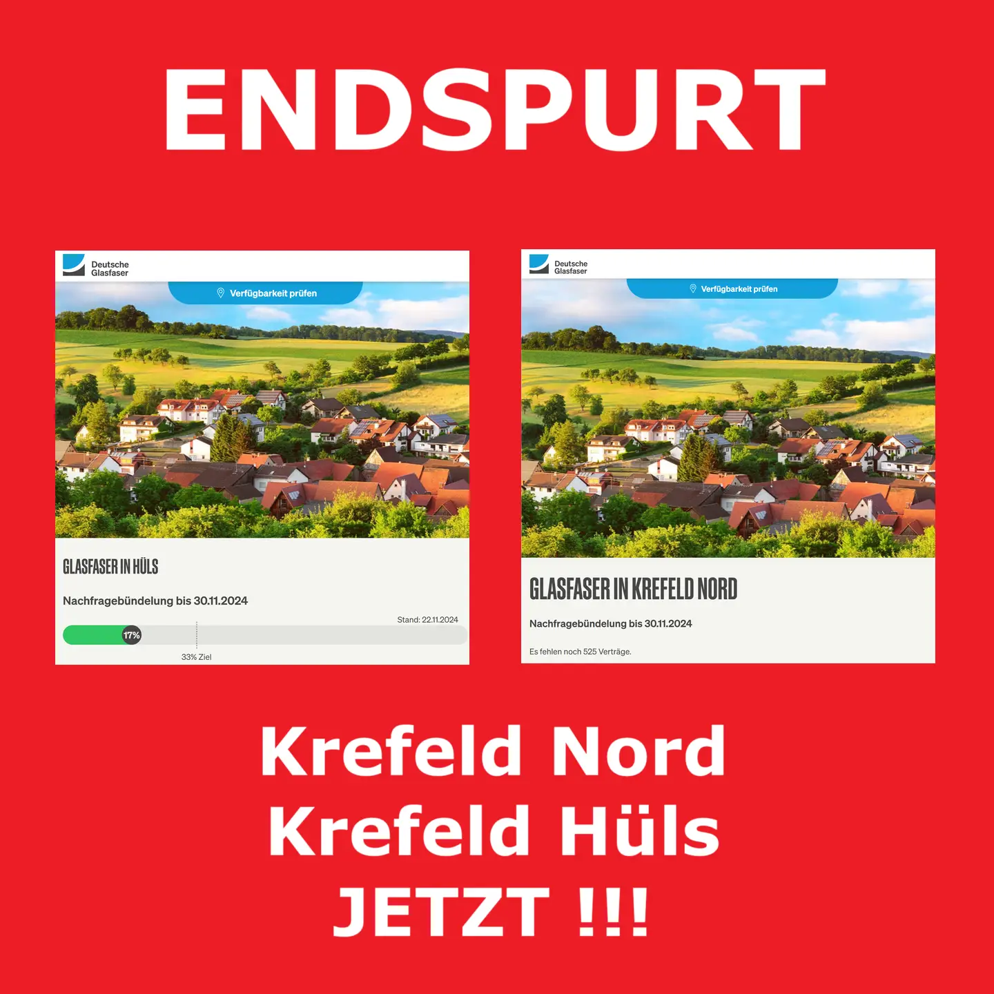 roter Hintergrund, oben und unten Text Endspurt, Krefeld Nord, Krefeld H+ls, Jetzt !!, dazwischen die Screenshots des letzten Zahlenfreitag