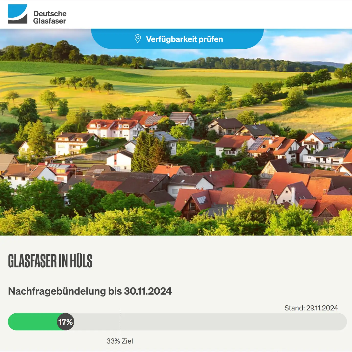 Screenshot von "Deutsche Glasfaser", Landschaftsbild, Schriftzüge "Glasfaser in Krefeld-Hüls", Nachfragebündelung bis 24.8.2024, Anzeige des aktuellen Stand