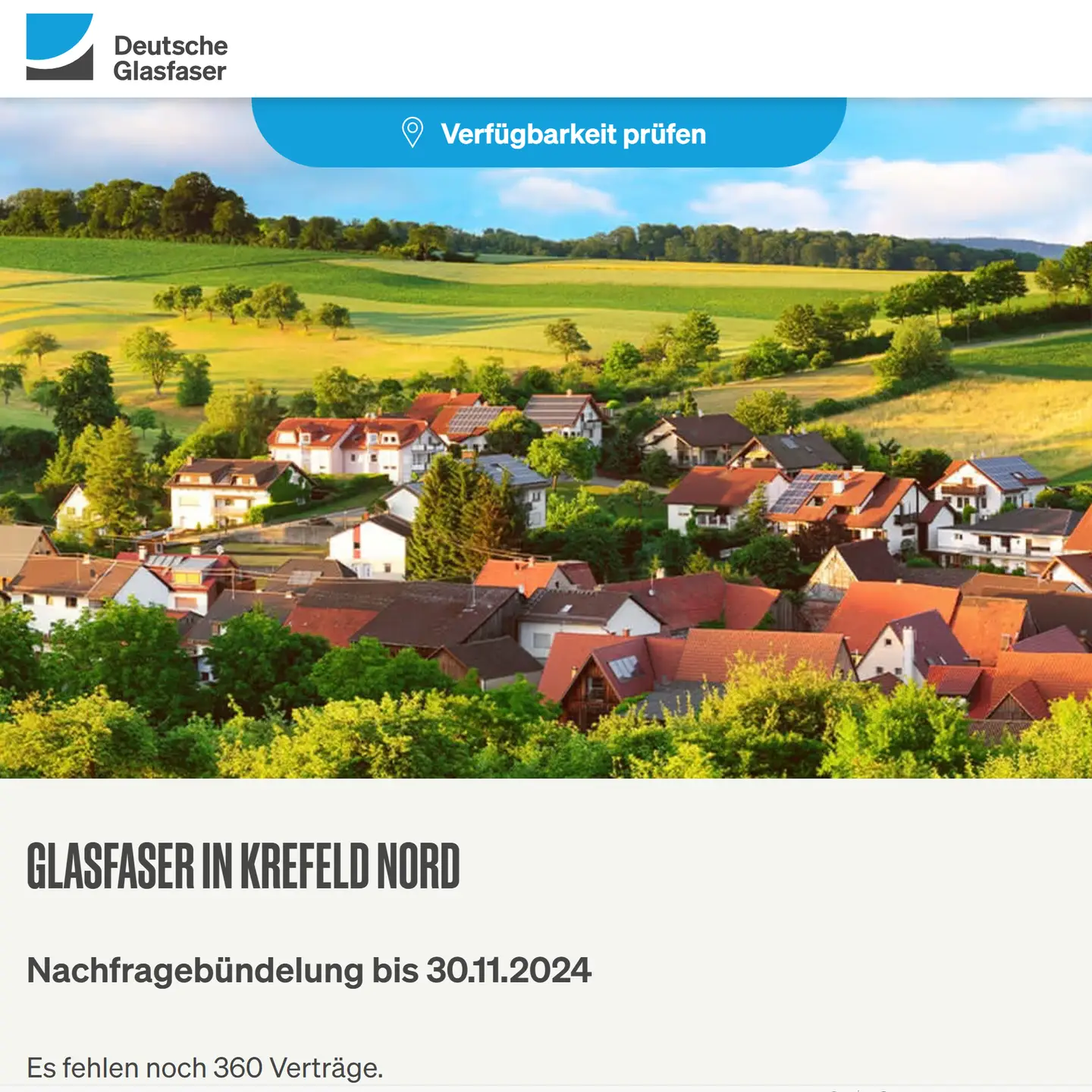 Screenshot von "Deutsche Glasfaser", Landschaftsbild, Schriftzüge "Glasfaser in Krefeld-Nord", Nachfragebündelung bis 30.11.2024, Anzeige des aktuellen Stand