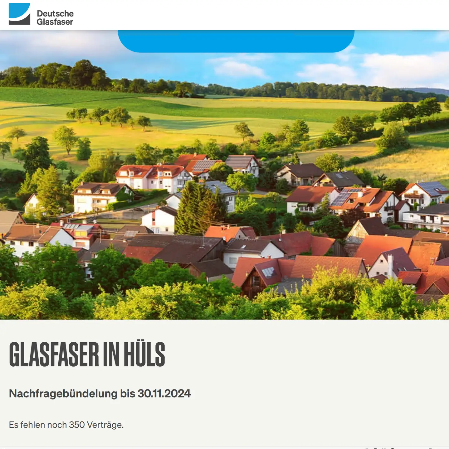 Screenshot von "Deutsche Glasfaser", Landschaftsbild, Schriftzüge "Glasfaser in Krefeld-Hüls", Nachfragebündelung bis 24.8.2024, Anzeige des aktuellen Stand