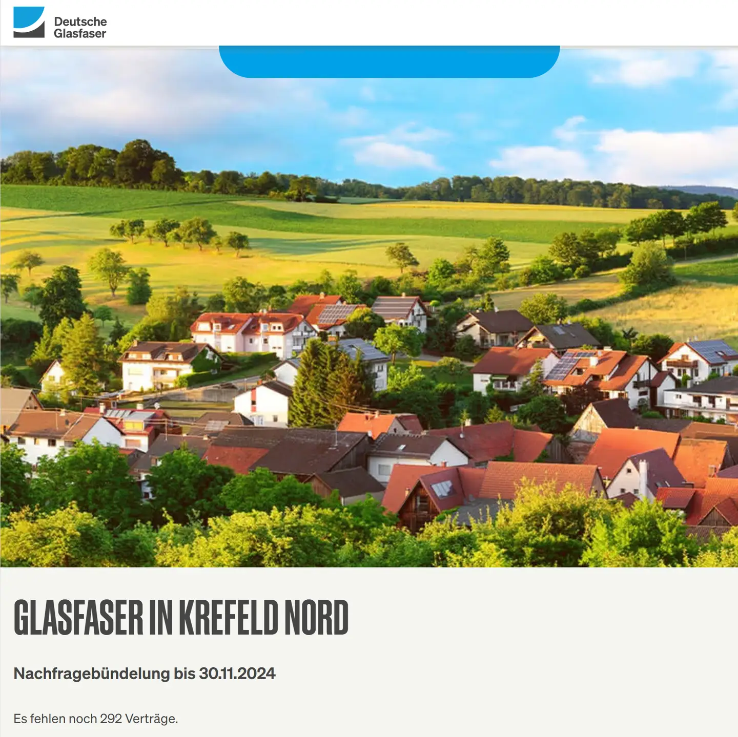 Screenshot von "Deutsche Glasfaser", Landschaftsbild, Schriftzüge "Glasfaser in Krefeld-Nord", Nachfragebündelung bis 30.11.2024, Anzeige des aktuellen Stand