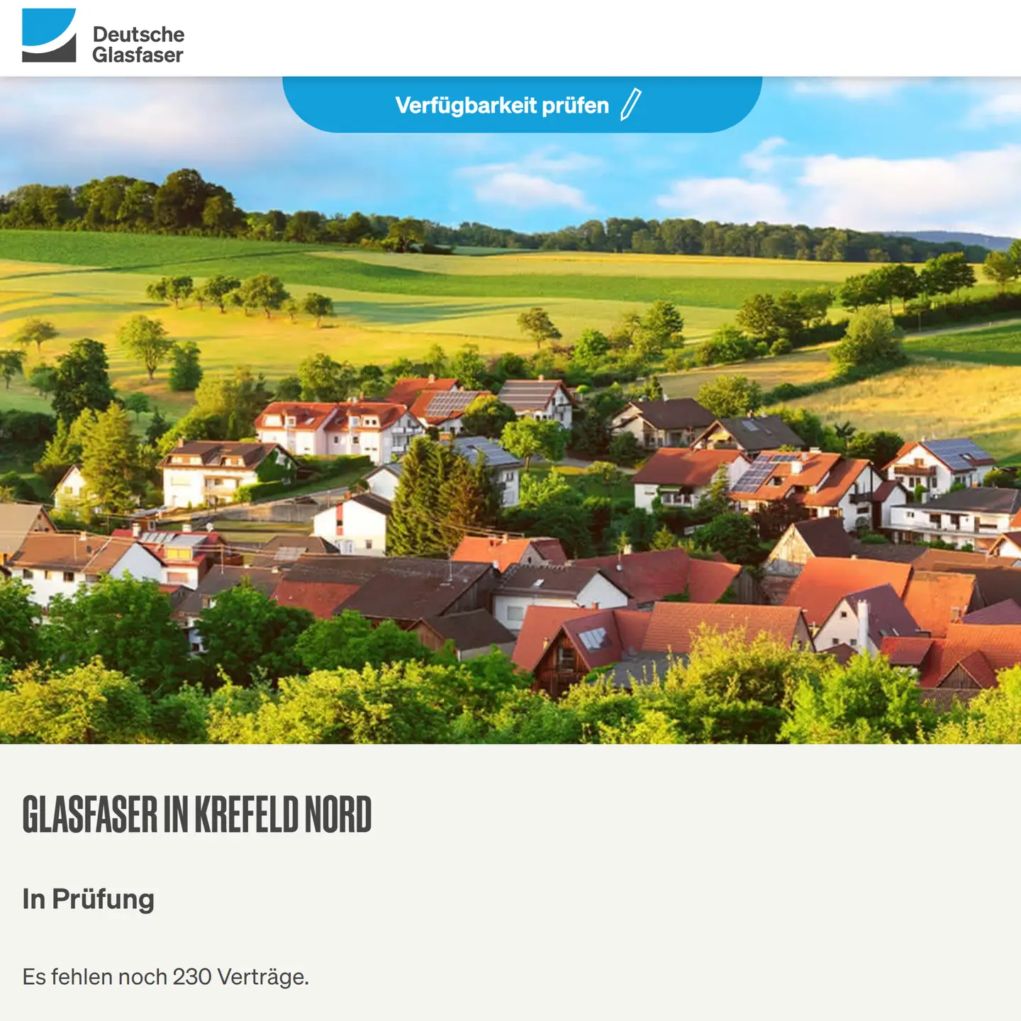 Screenshot von "Deutsche Glasfaser", oben DG Logo, ein Landschaftsbild, Schriftzüge "Glasfaser in Krefeld-Nord", in Prüfung und die letzte Anzahl fehlender Verträge