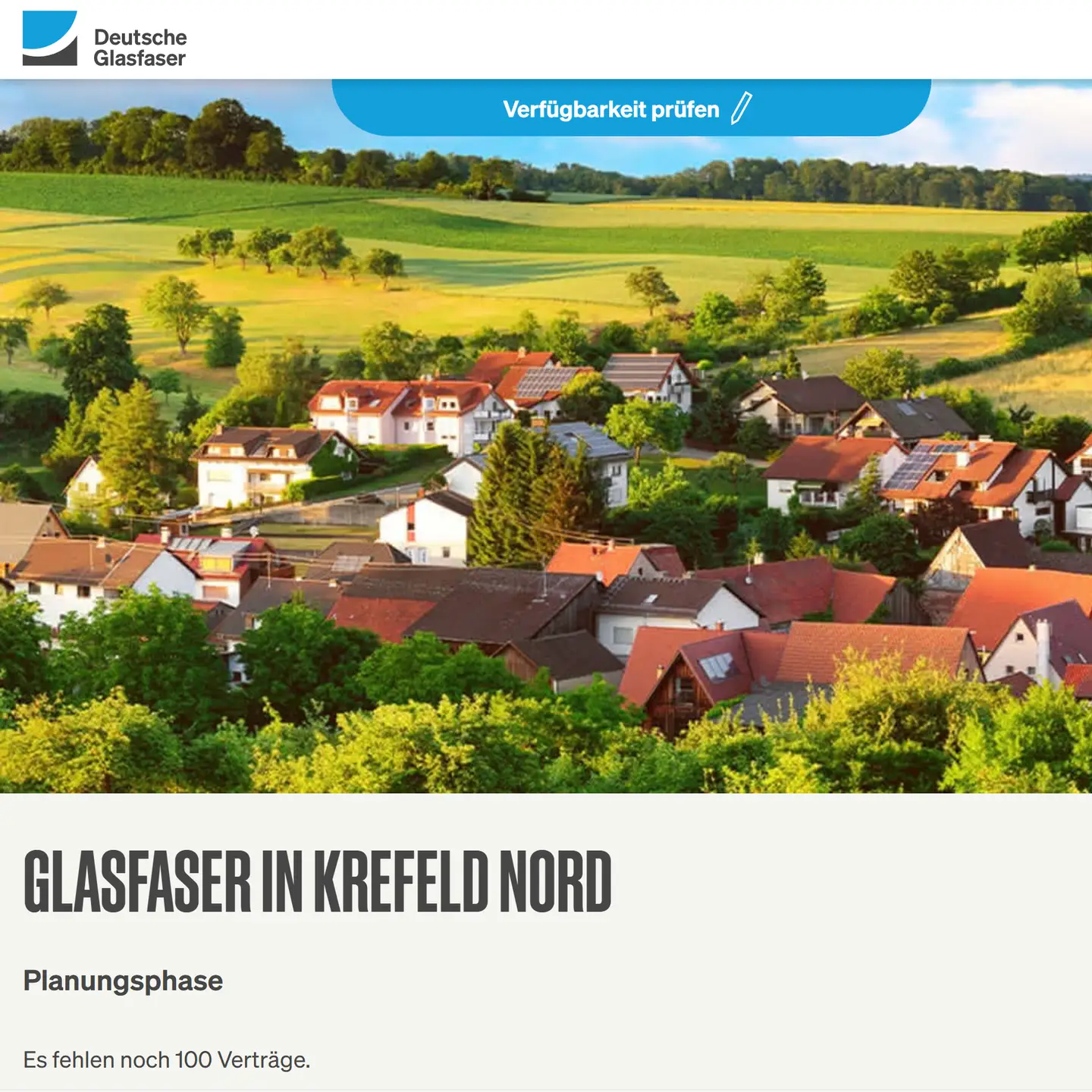 Screenshot von "Deutsche Glasfaser", Landschaftsbild, Schriftzüge "Glasfaser in Krefeld-Nord", PLANUNGSPHASE