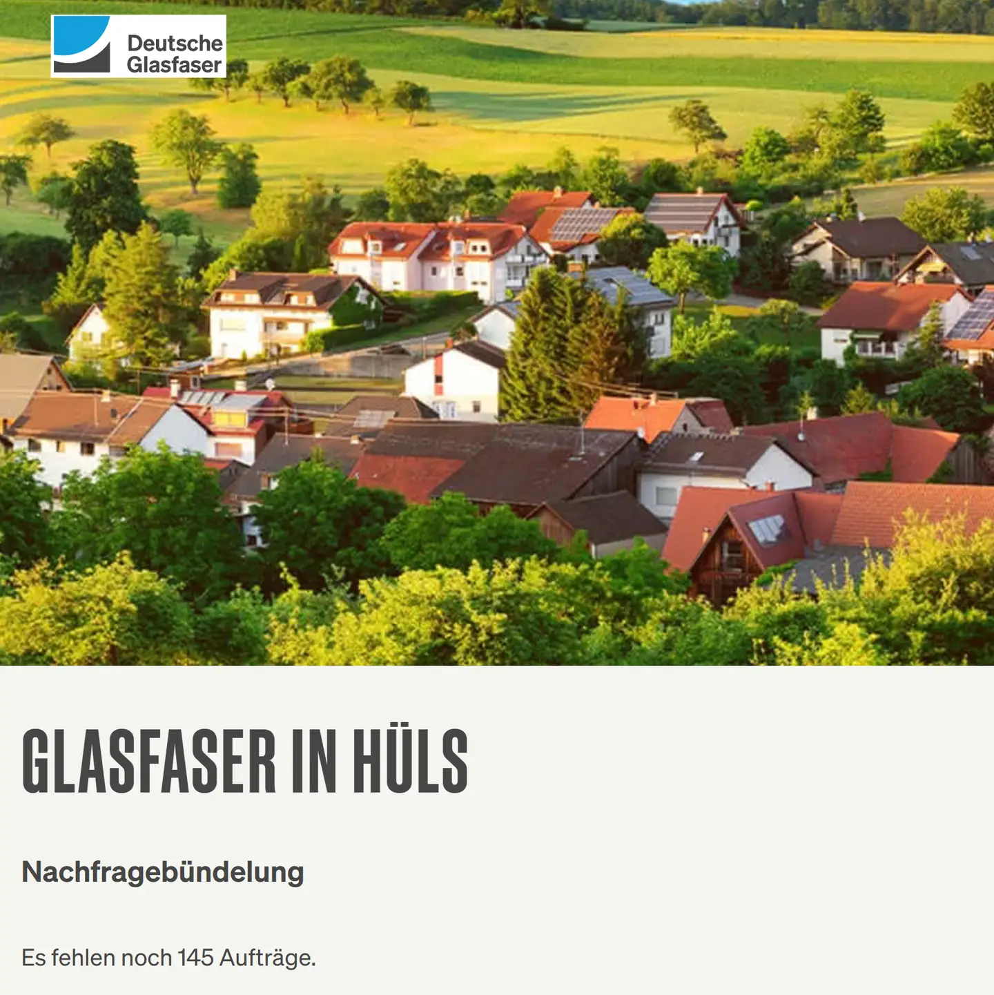 02.05.2025: Zahl der Woche für den Bereich Krefeld-Hüls Screenshot von "Deutsche Glasfaser", Landschaftsbild, Schriftzüge "Glasfaser in Krefeld-Hüls", Nachfragebündelung, Anzeige des aktuellen Stand