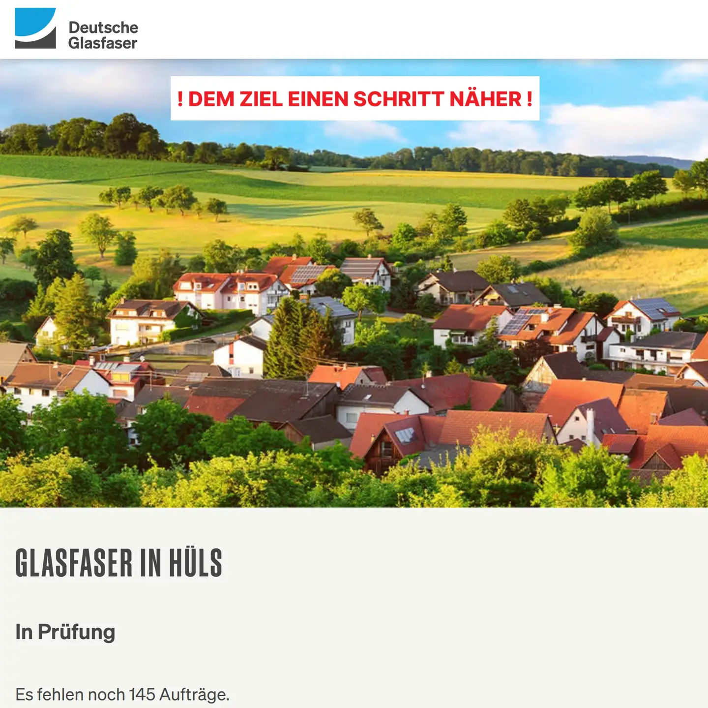 20.05.2025: Krefeld-Hüls bekommt ein modernes schnelles Glasfasernetz! Screenshot von "Deutsche Glasfaser", Landschaftsbild, Schriftzüge "Glasfaser in Krefeld-Hüls", PRÜFUNGSPHASE