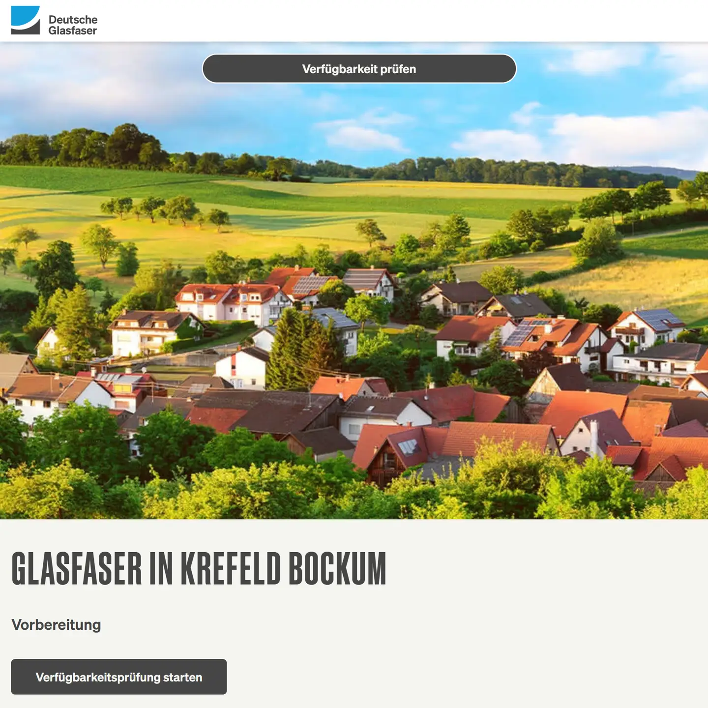 Screenshot von "Deutsche Glasfaser", oben DG Logo, ein Landschaftsbild, Schriftzüge "Glasfaser in Krefeld-Bockum", Vorbereitung des Projekts