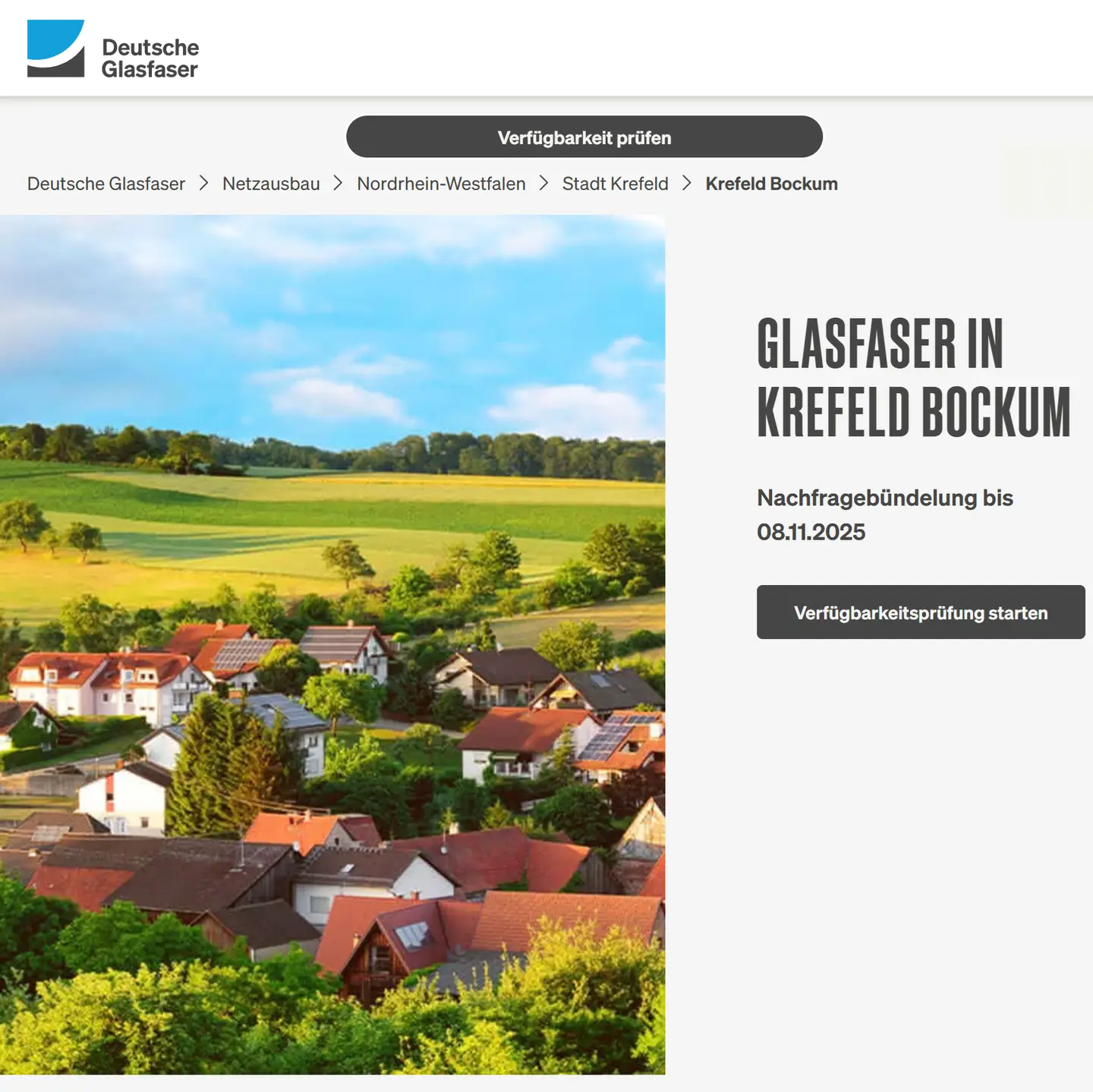 Screenshot von "Deutsche Glasfaser", oben DG Logo, ein Landschaftsbild, Schriftzüge "Glasfaser in Krefeld-Bockum", Nachfragebündelung bis 08.11.2025 des Projekts