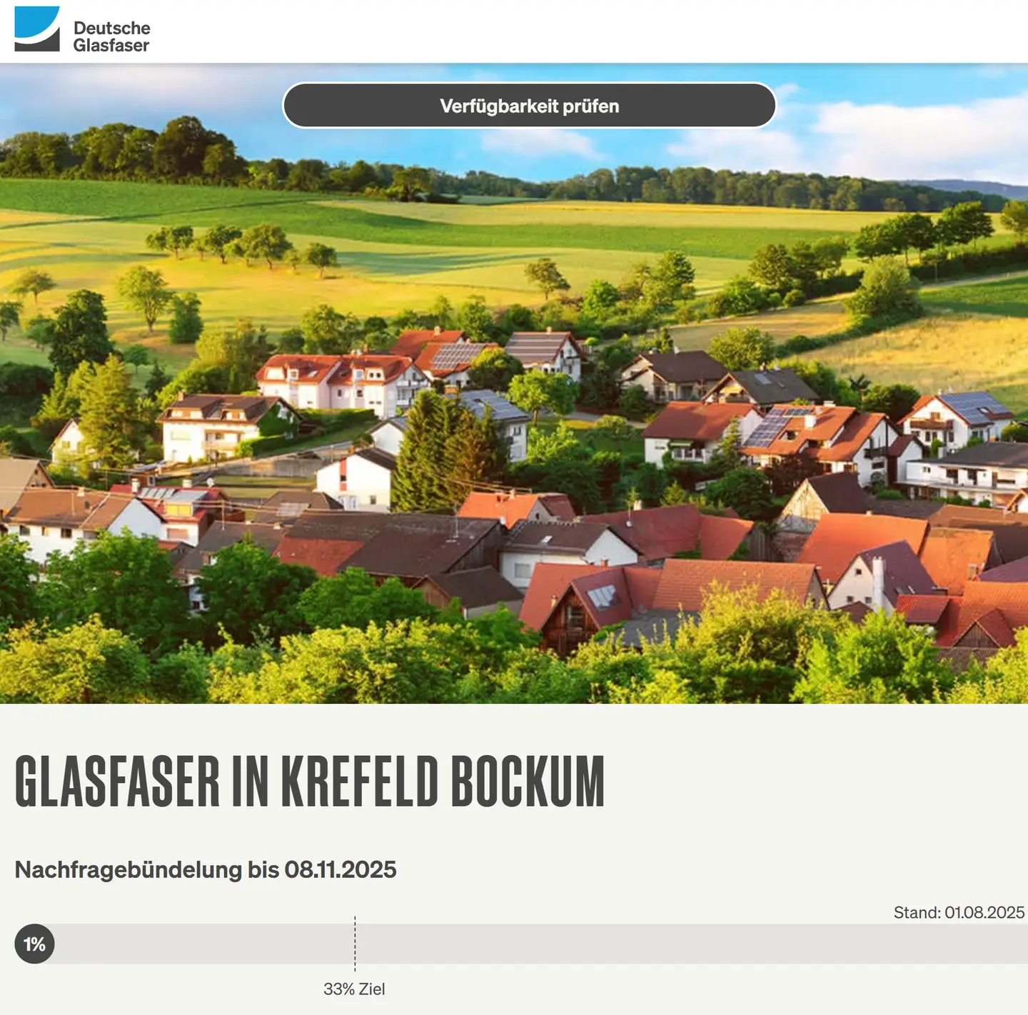01.08.2025: Zahl der Woche für den Bereich Krefeld-Bockum Screenshot von "Deutsche Glasfaser", Landschaftsbild, Schriftzüge "Glasfaser in Krefeld-Bockum", Nachfragebündelung, Anzeige des aktuellen Stand