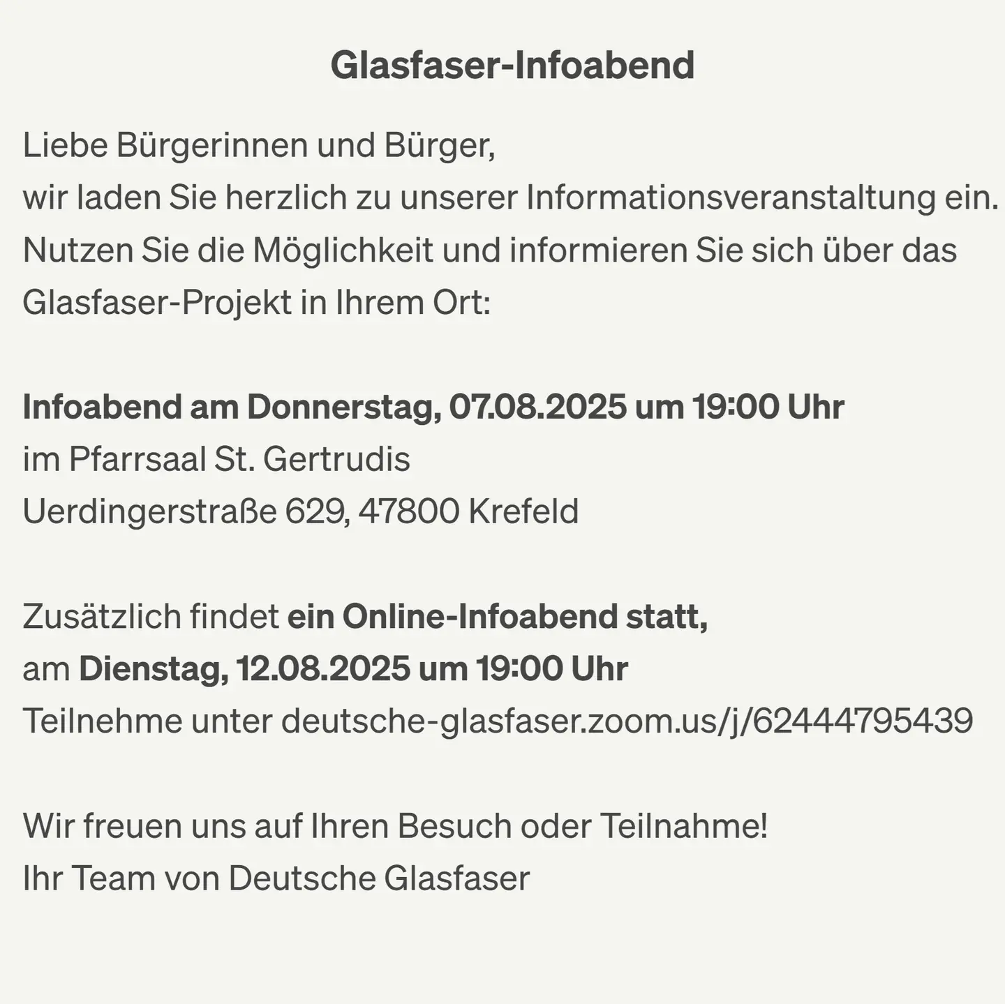 07.08.2025: Informationsabend für den Glasfaserausbau in KREFELD BOCKUM Blaues Bild mit weißer Schrift zum Infoabend in Krefeld-Bockum am 07.08. um 19 Uhr